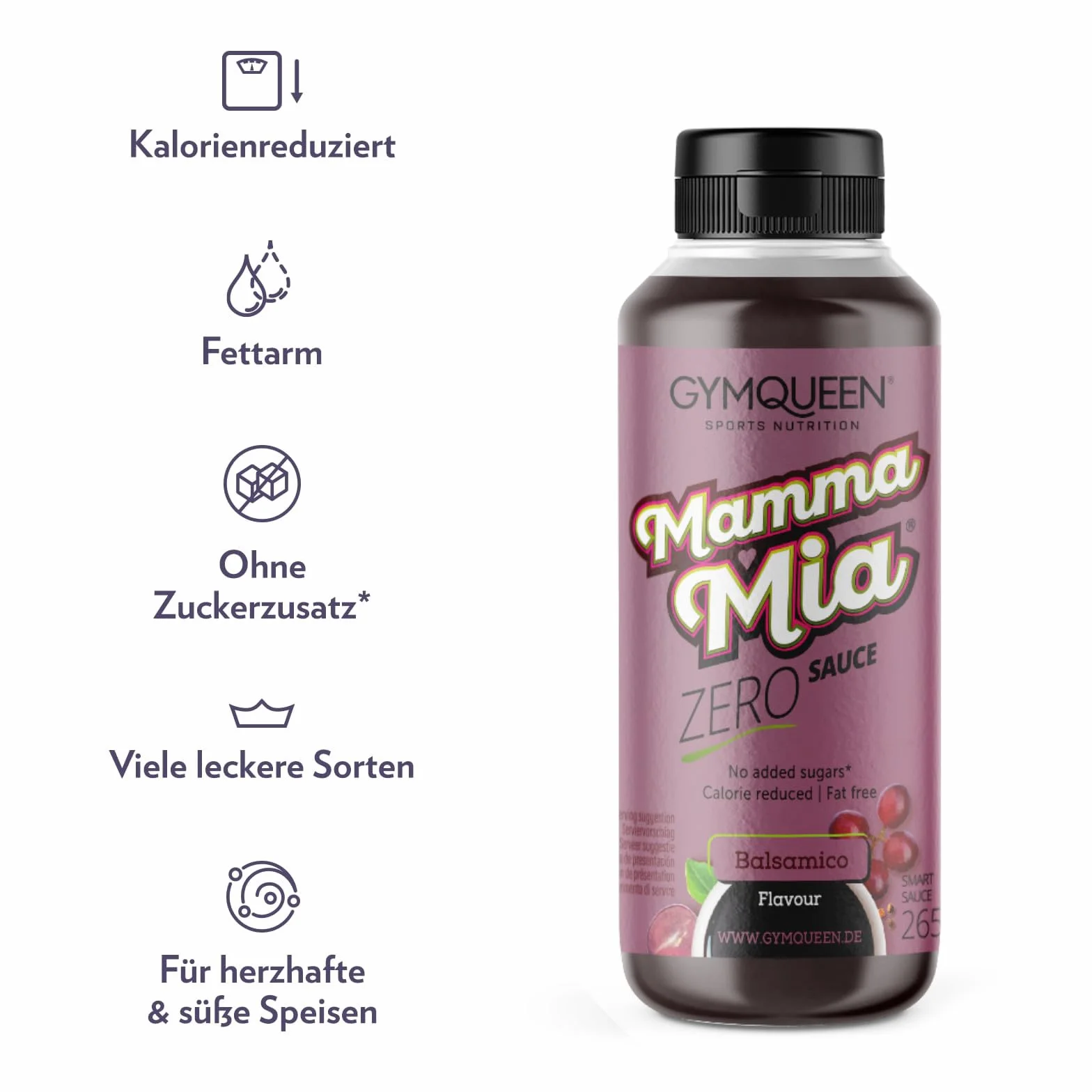 GymQueen Mamma Mia Sauce Zero 265 ml, faible en calories et sans graisse, pour affiner les plats ou comme vinaigrette, végétarien, Balsamico
