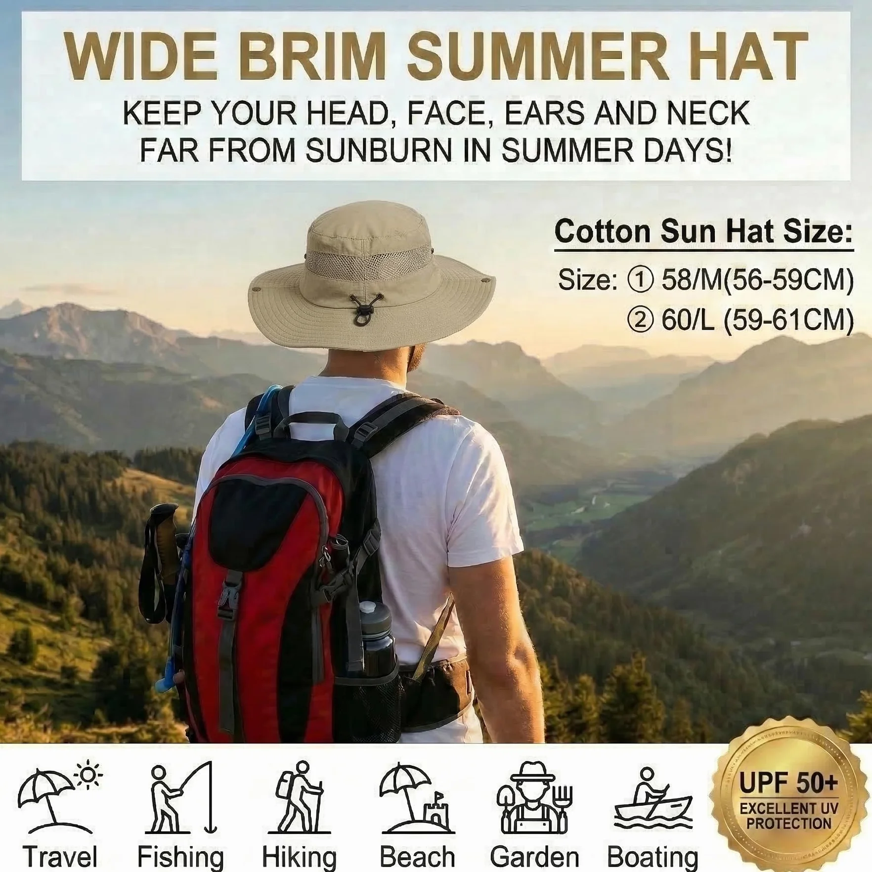 Chapeau de Soleil Hommes Protection UV UPF 50+ Coton Safari Boonie Pliable pour Plage Randonnée