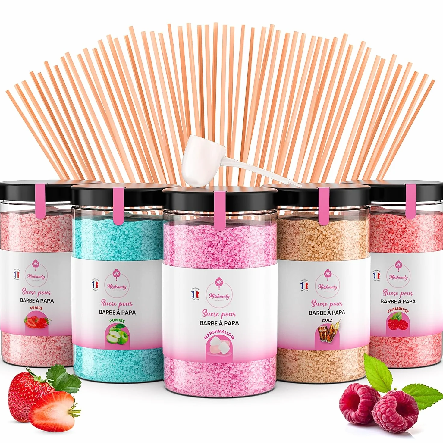 Misskandy® sucre barbe à papa pour machine- Lot de (5 * 300Gr) - (Arômes Naturels): Goûts: Fraise/Pomme/Marshmallow/Cola/Framboise/poudre barbapapa+ 50 bâtonnets (offerts)/ Fabriqué en France