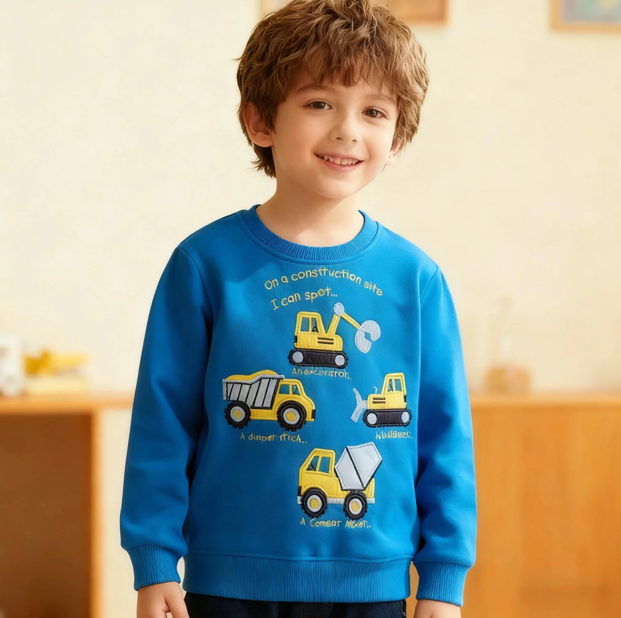 Sweatshirt Garçon Imprimé Dinosaure Excavateur Coton Col Rond 2-7 Ans