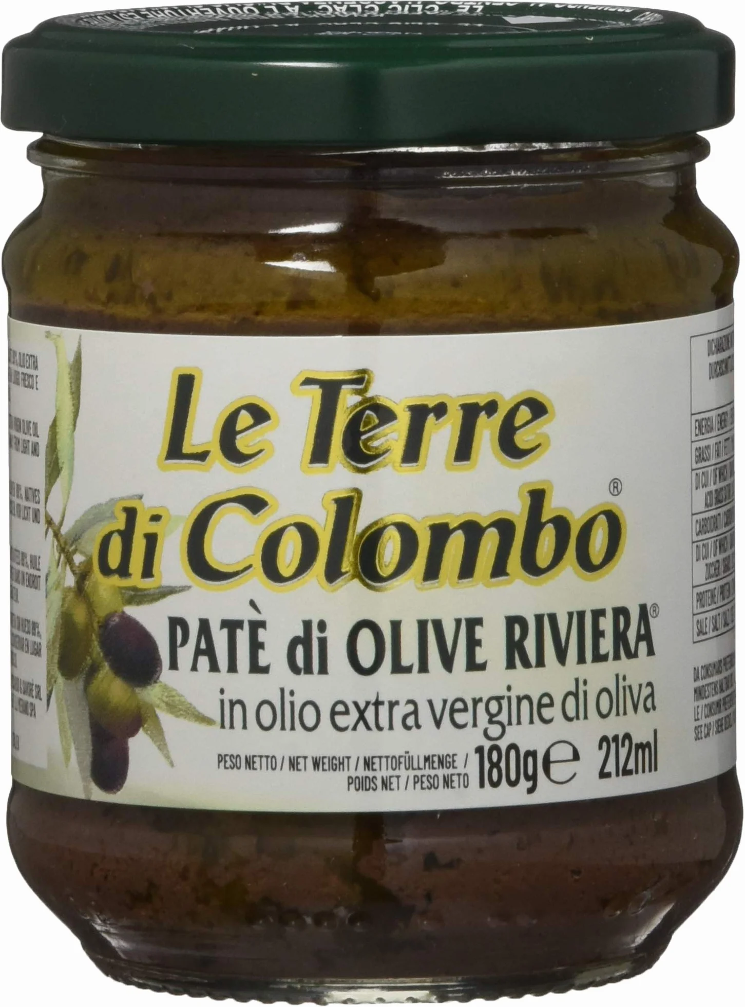 Le Terre di Colombo – Bocaux de Pâte d'Olives Riviera - Conservée dans de l'Huile d'Olive Extra-Vierge (10 %) - Lot de 6 x 212 ml