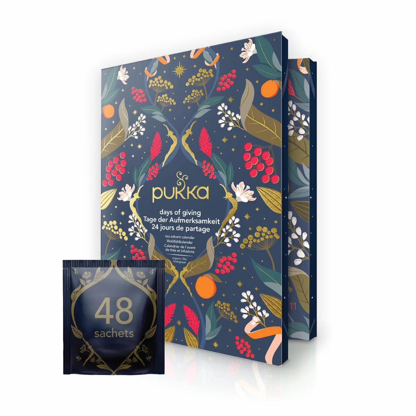 Pukka, Calendrier de l'Avent 2025, Thés et Infusions Bio, Idée Cadeau Femme et Homme| Coffret cadeau thés | Assortiment de Thés Gourmands, 48 Thés Noirs, Verts et Infusions