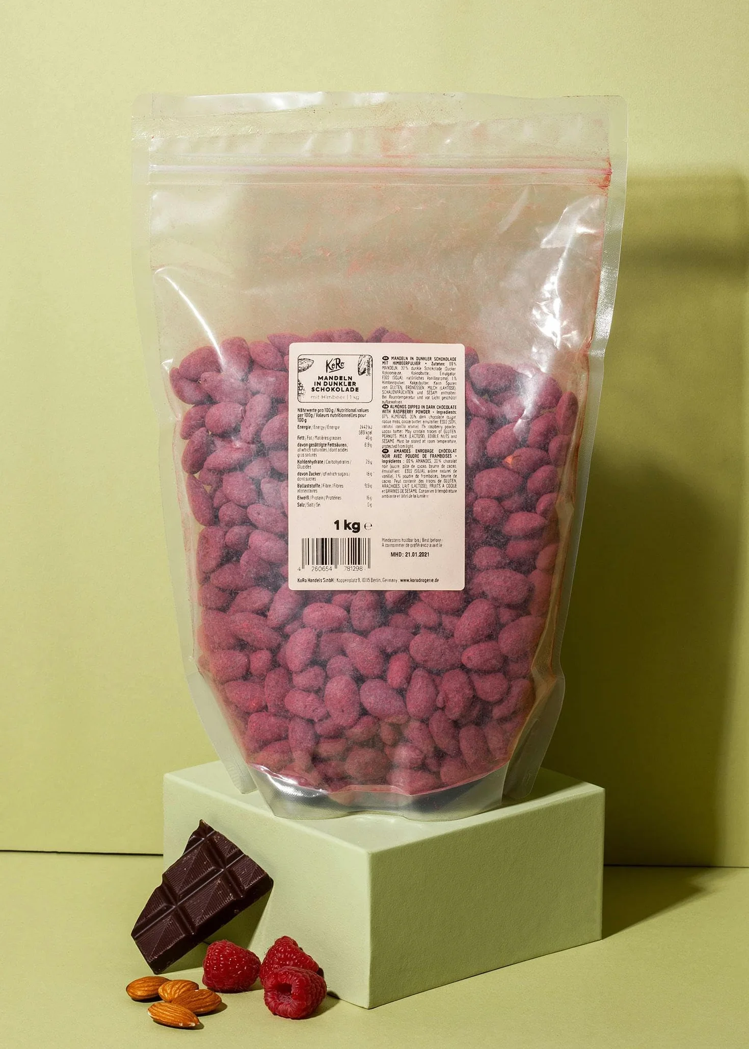 KoRo - Amandes au chocolat poudre de framboises lyophilisées 1 kg - Une tentation chocolatée