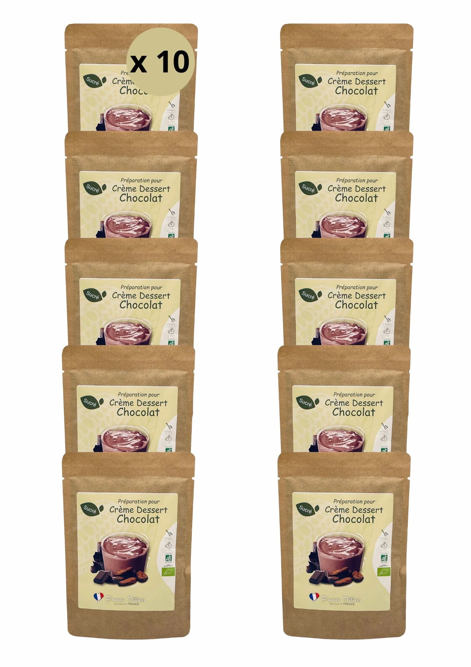 FRANCE DÉLICES - Préparation Pour Crème Dessert Au Chocolat Bio - Dessert Gourmand Et Naturel - Prêt En 5min - Fabrication Artisanale En France - Sans Gluten - 4 Pers. - 10 Sachets De 100g