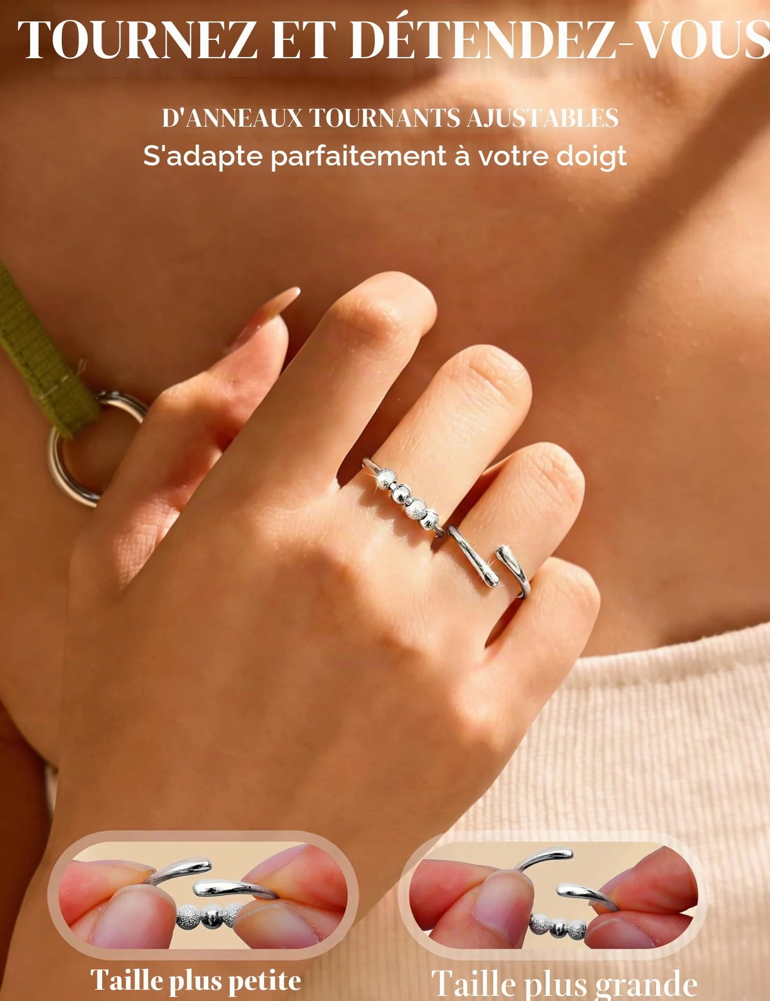 Bague Anti Stress Femme Argent 925 Bague Reglable Spinner Ring avec Perles
