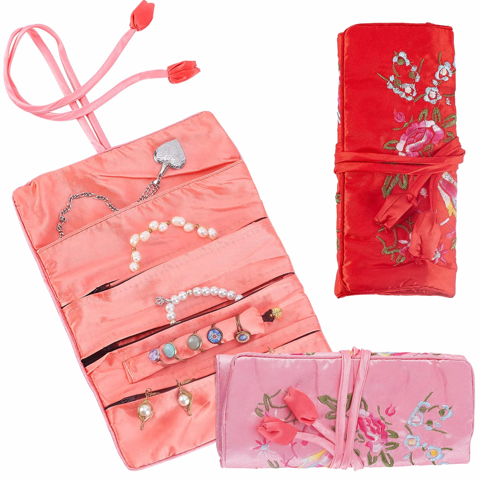 PH PandaHall 2pcs Organisateur de Bijoux en Rouleau, Sac en Brocart à Fleurs Sac de Voyage Pliable avec Fermeture à Nouer pour Bagues Collier
