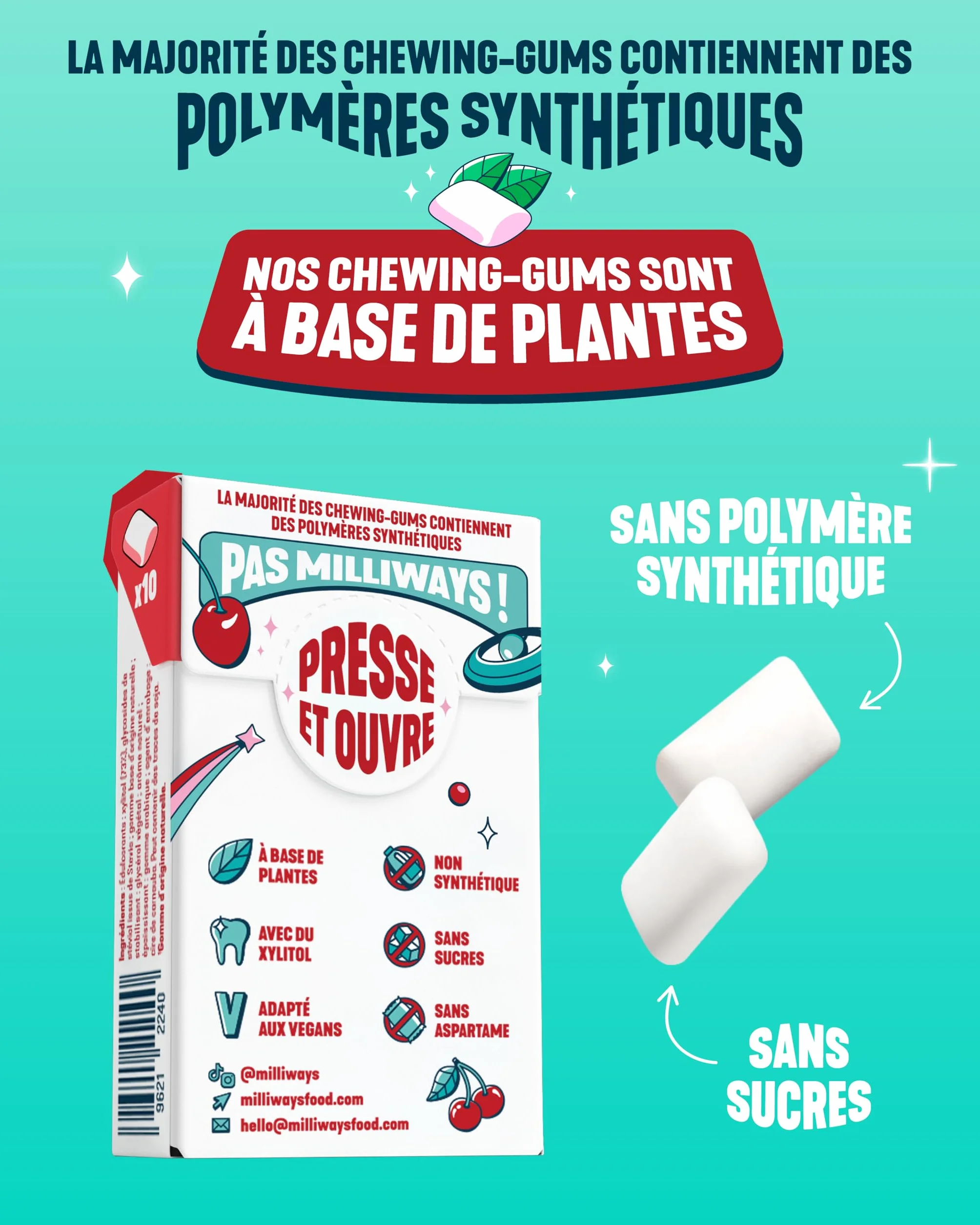 MILLIWAYS Chewing gum sans sucres à la cerise 10 boîtes 30 dragées 60g Xylitol