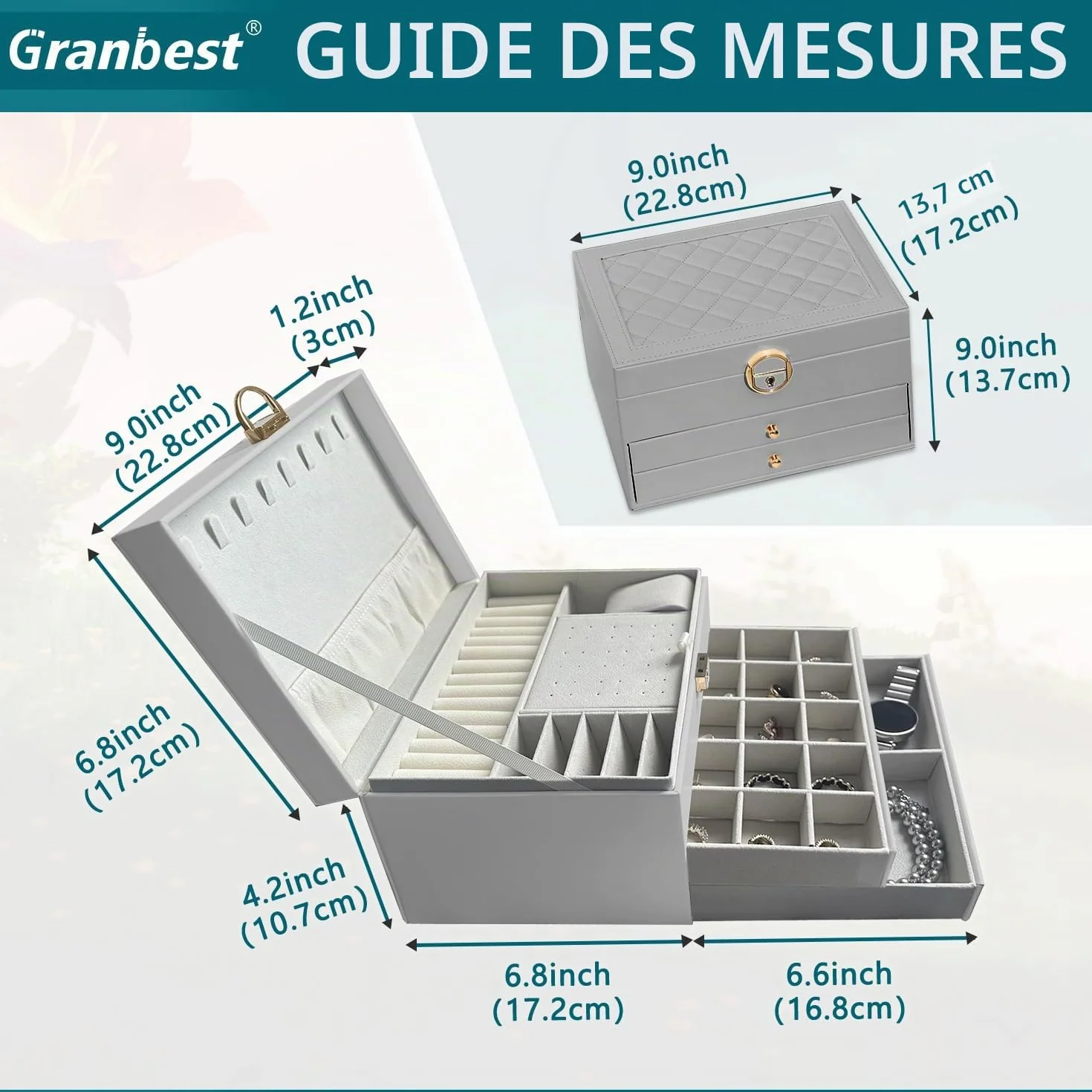 Granbest Coffret à bijoux en cuir 3 niveaux 2 tiroirs Gris