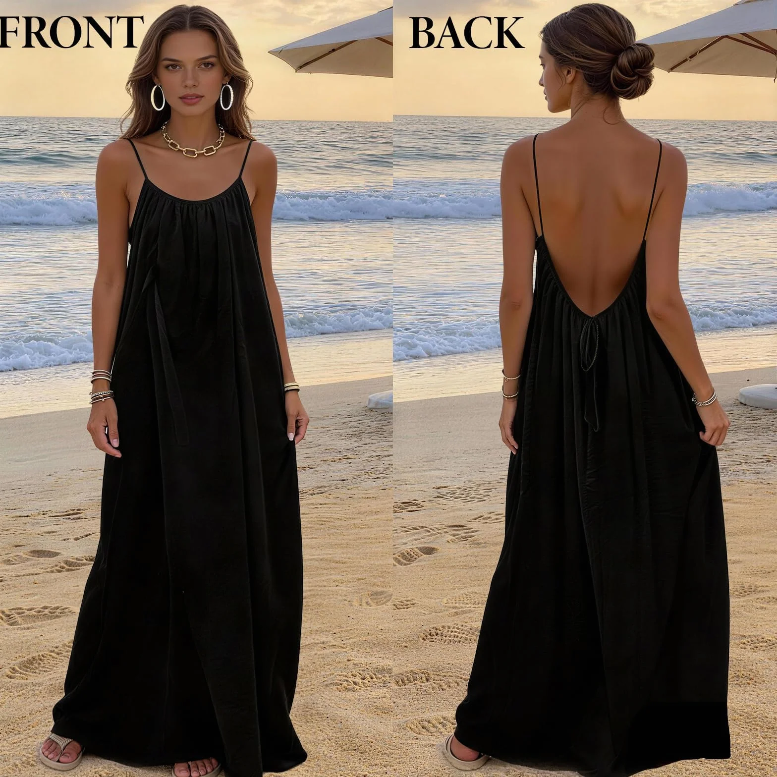 Robe caraco dos nu sans manches d'été 2026 pour femme, longue robe décontractée fluide couleur unie