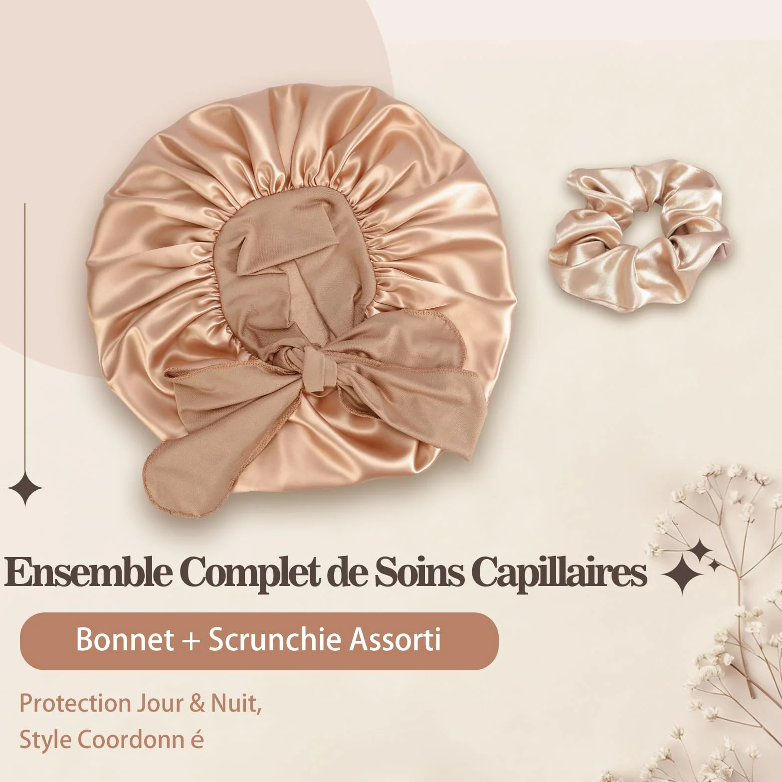 Bonnet de Nuit Réversible Double Couche en Satin avec Élastique Réglable, Set Bonnet et Chouchou pour Cheveux Bouclés