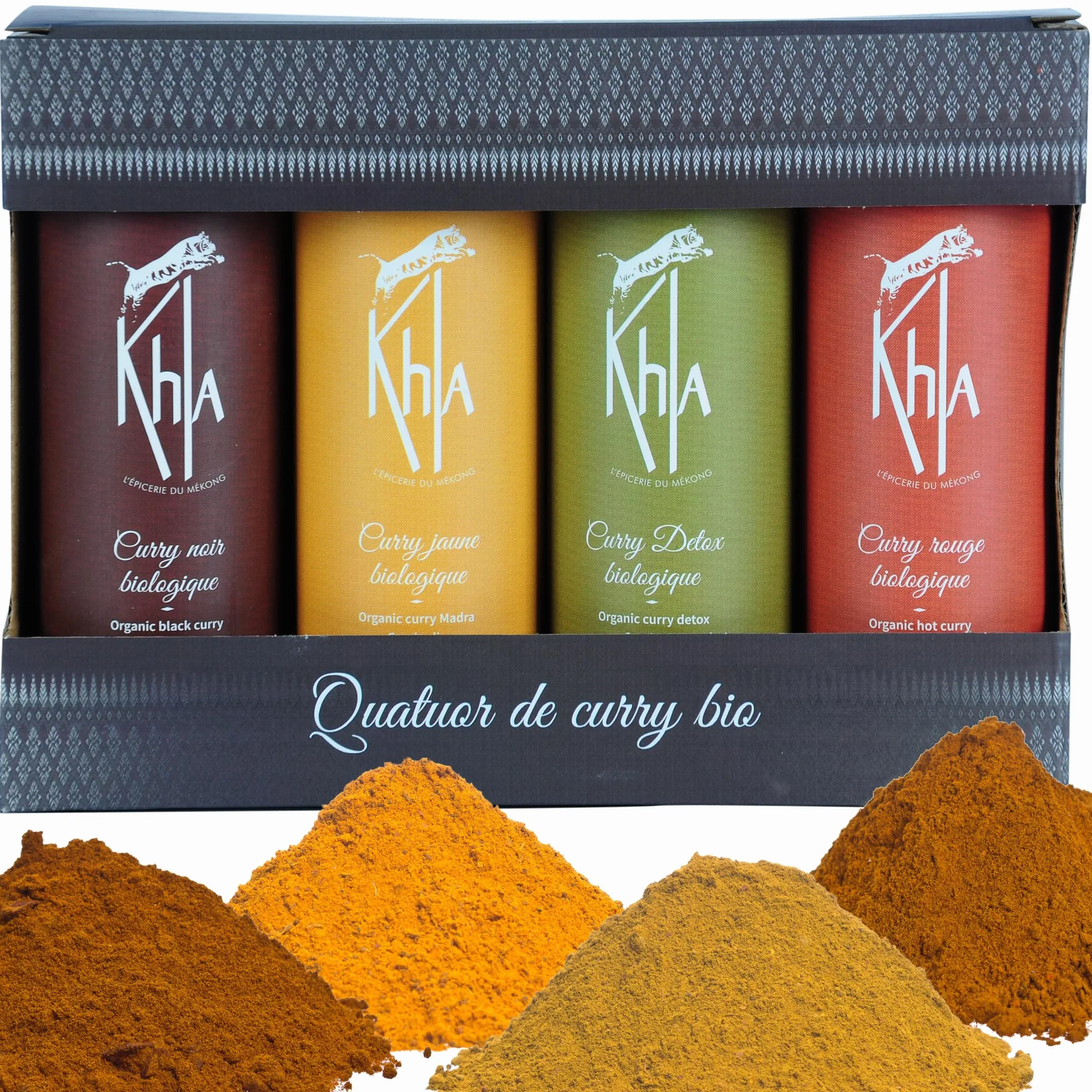 Khla - Coffret 4 Currys Bio - Curry Jaune, Curry Noir, Curry Rouge & Curry Vert Détox - Tubes Poudre 4x 100 g - Coffret Idée Cadeau - Mélanges Exclusifs Cuisine - Épice d’Asie - Origine Cambodge
