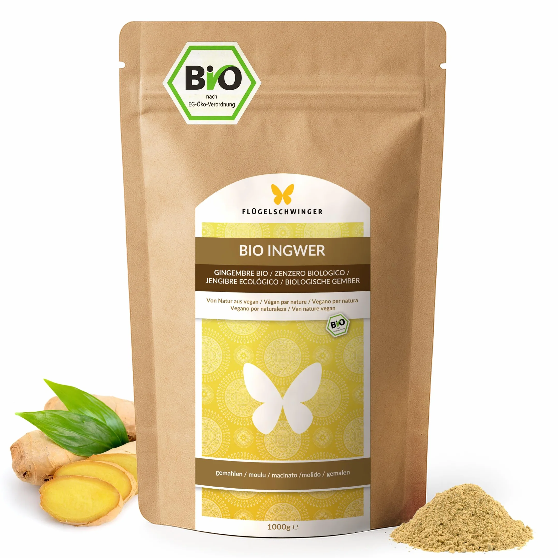1 kg de poudre de gingembre BIO, cultivée et fabriquée selon les normes biologiques de l'UE, sans additifs, finement moulue (1000 g)
