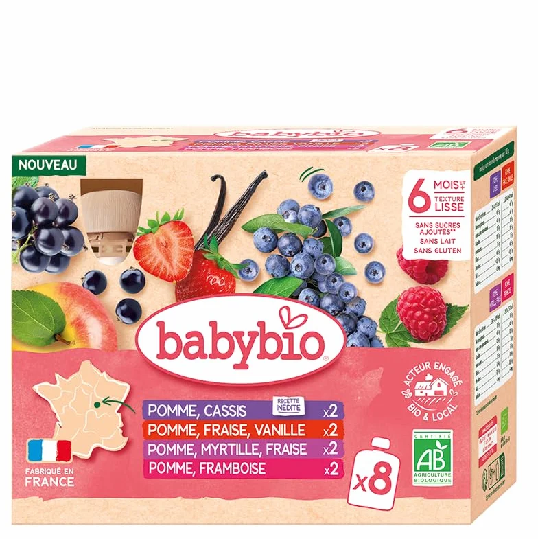 BABYBIO - Gourdes fruits - Multiparfums Pomme Fruits Rouges : Fraise Vanille/Myrtille Fraise/Framboise/Cassis - 8x90g - BIO