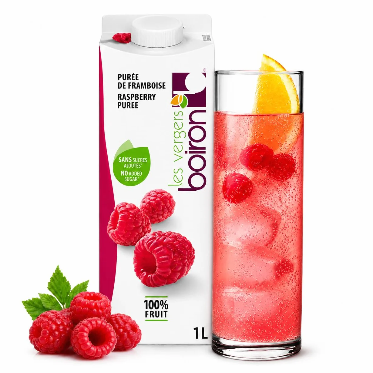 Boiron | Purée de framboise 100% fruits – Sans sucre ajouté, arômes, colorants ou conservateurs | Parfait pour les cocktails, desserts, pâtisserie et crème glacée | 1 litre