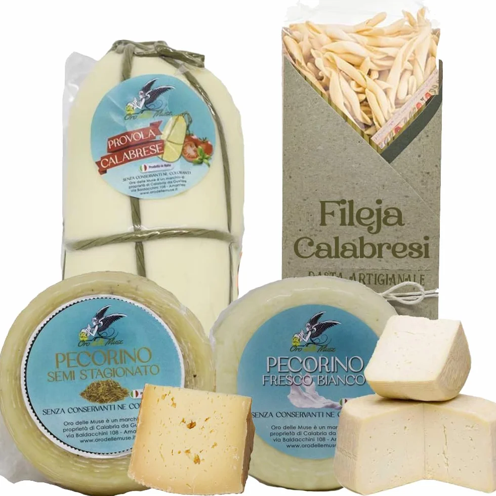 Coffret de fromages artisanaux calabrais : Pecorino demi-affiné + Pecorino frais + Provola Silana + Pâtes Fileja artisanales | OFFRE SPÉCIALE