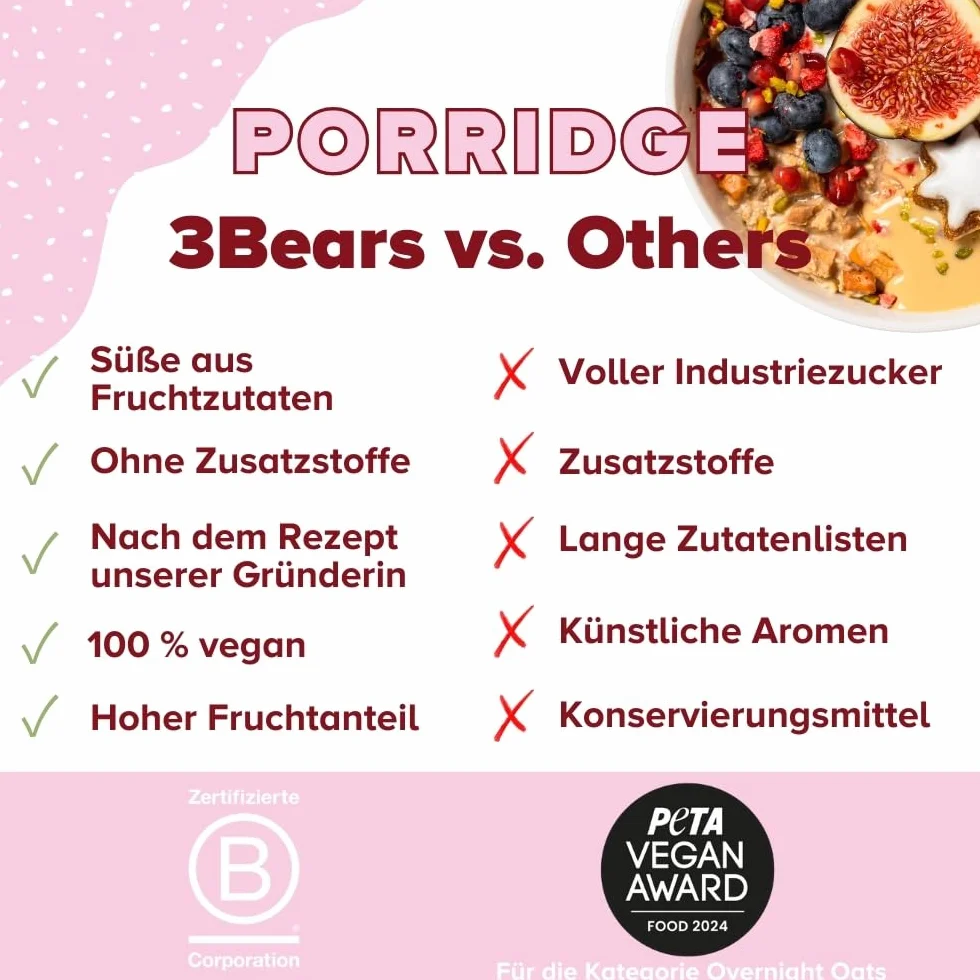 Porridge d'avoine | 3Bears Porridge | Pomme Cannelle - 4 x 400g - Avec de vrais morceaux de fruits | Porridge , Céréales, Oatmeal, Petit Déjeuner Healthy, Sans Sucres Ajoutés, Instantané