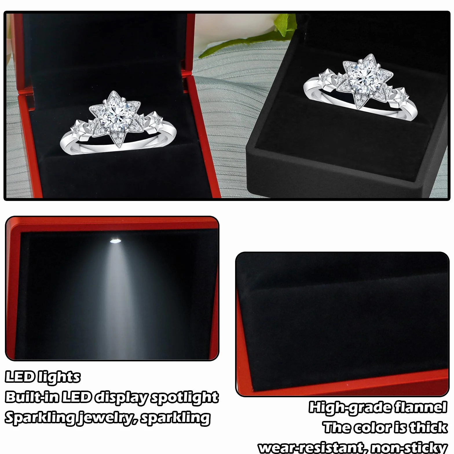 Boîte à Bague en Velours avec Lumière LED, Ecrin Forme de Coeur, Coffret Cadeau Mariage, 62x57x39mm Noir