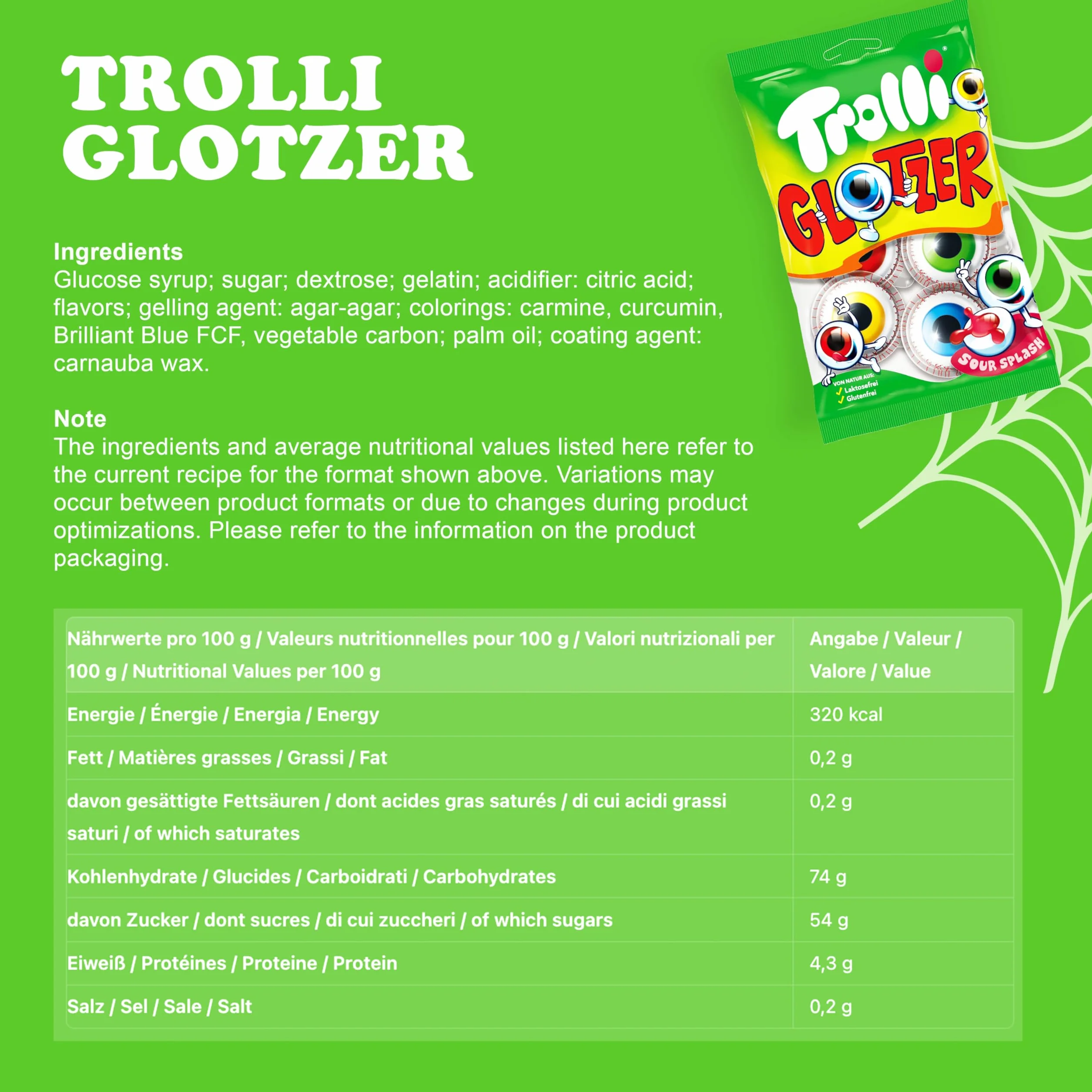 Trolli Glotzer Bonbons d'Halloween – 3 sachets de 75g avec 4 yeux chacun (12 Glotzer au total) – Sans lactose et sans gluten, avec autocollants fantômes – Parfait pour les sacs d'école, les pinatas et