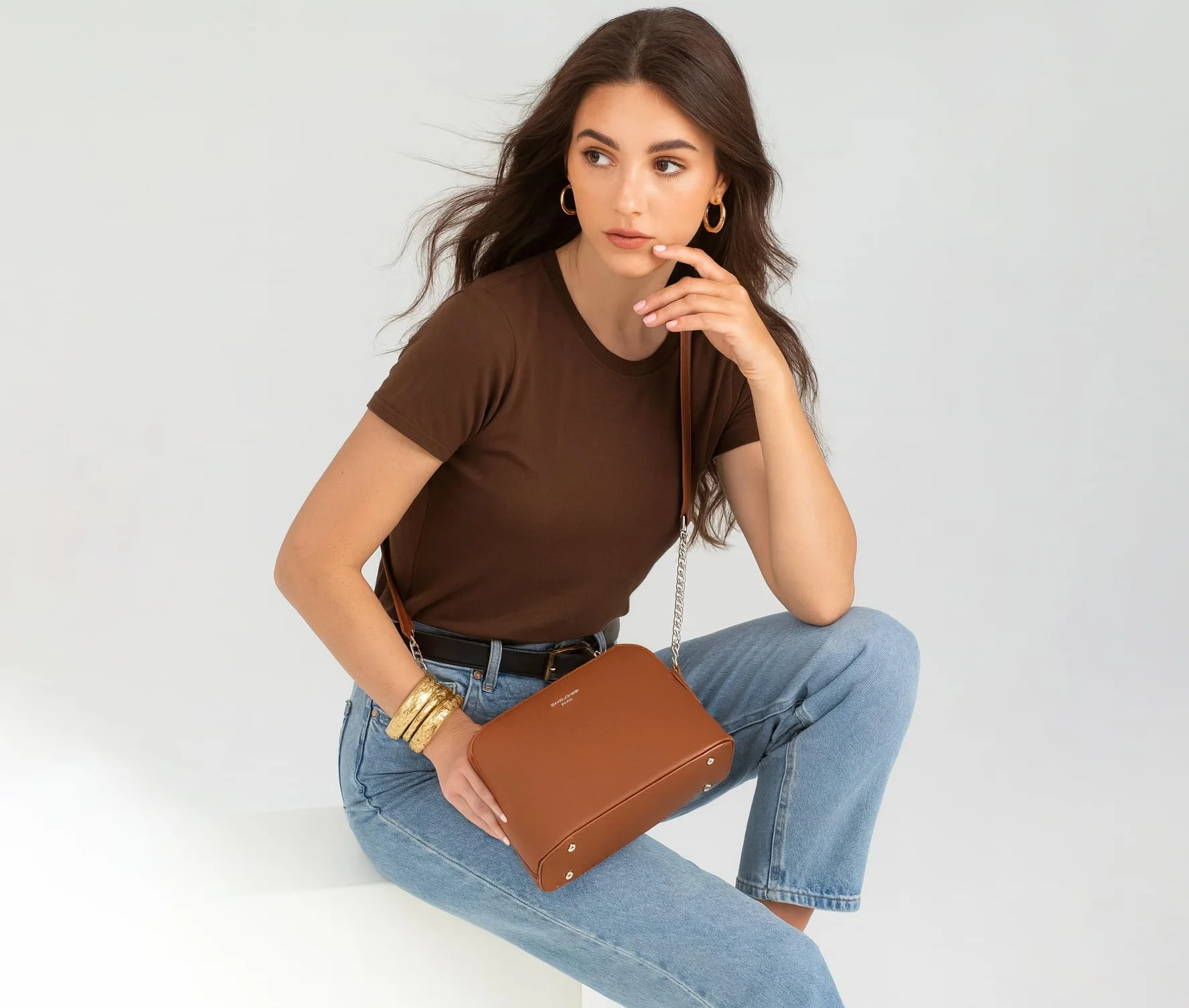 David Jones Sac à Main Femme Cuir PU Rigide Chaîne Argentée