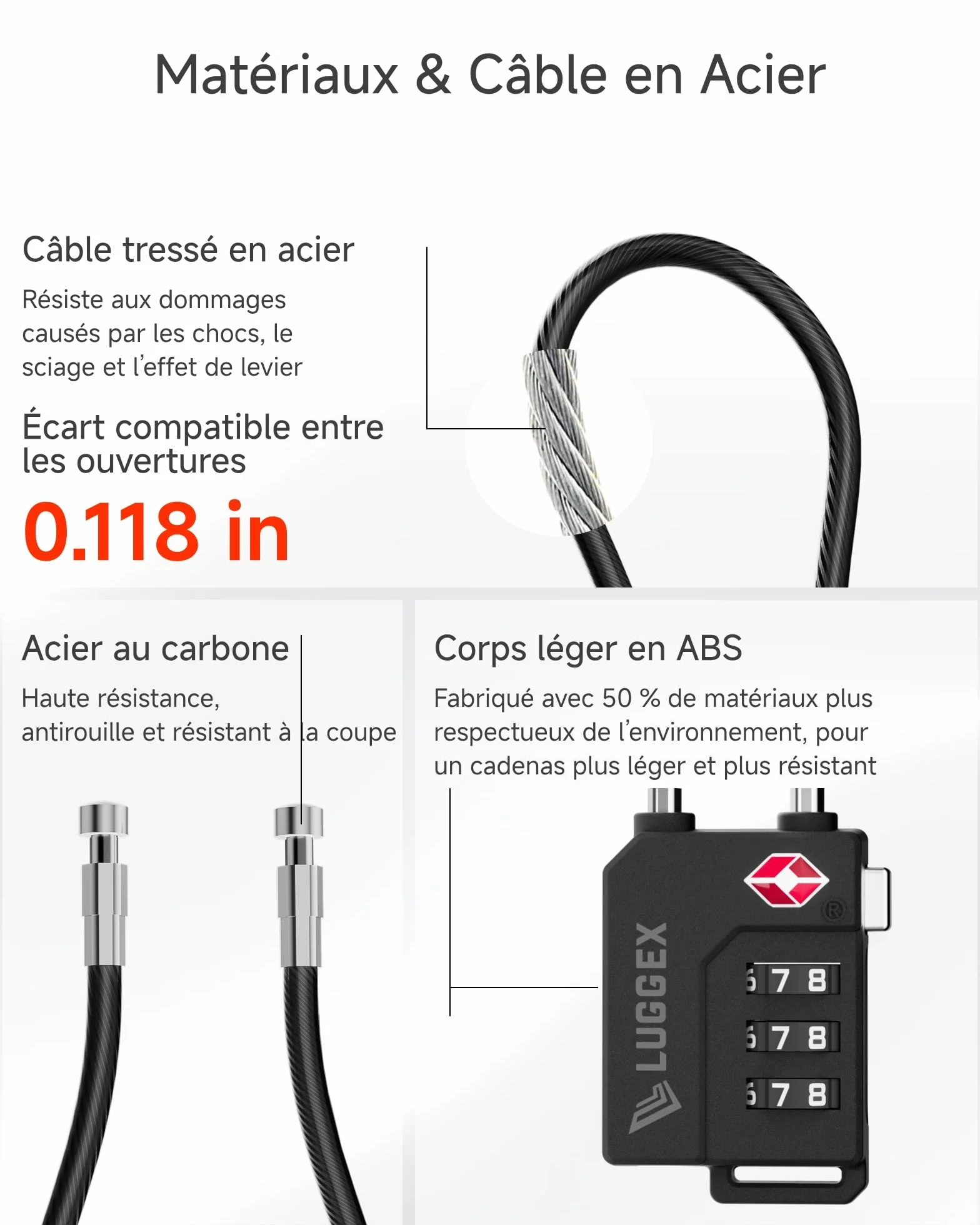 LUGGEX Cadenas Valise TSA Approuvé à Combinaison 3 Chiffres avec Câble Flexible pour Bagages, Noir, 4 pièces