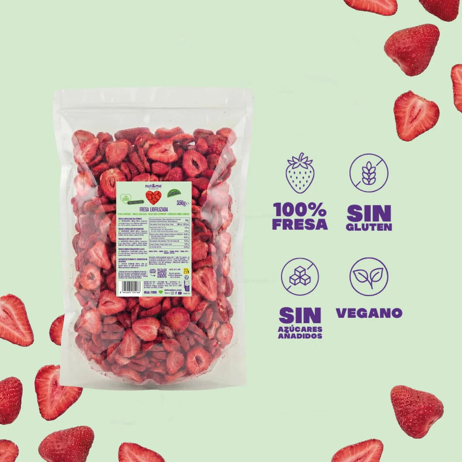 nut&me Fraises Lyophilisées en Tranches 350 g – 100% Fraise séchée, fruits Freeze Dried croquants, snack sain - sans sucres ajoutés, additifs, gluten ni OGM - sachet refermable ZIP