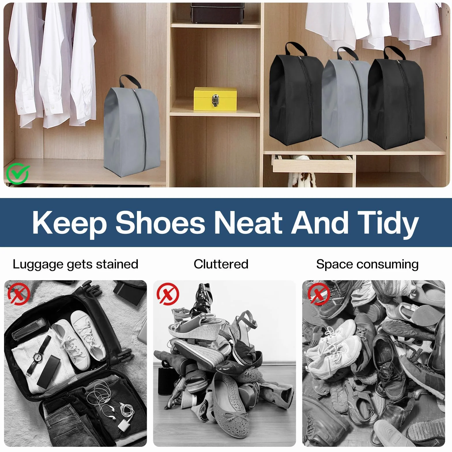 Sacs à Chaussures Voyage imperméables avec Fermeture éclair, Housses Chaussures Rangement Noir Gris