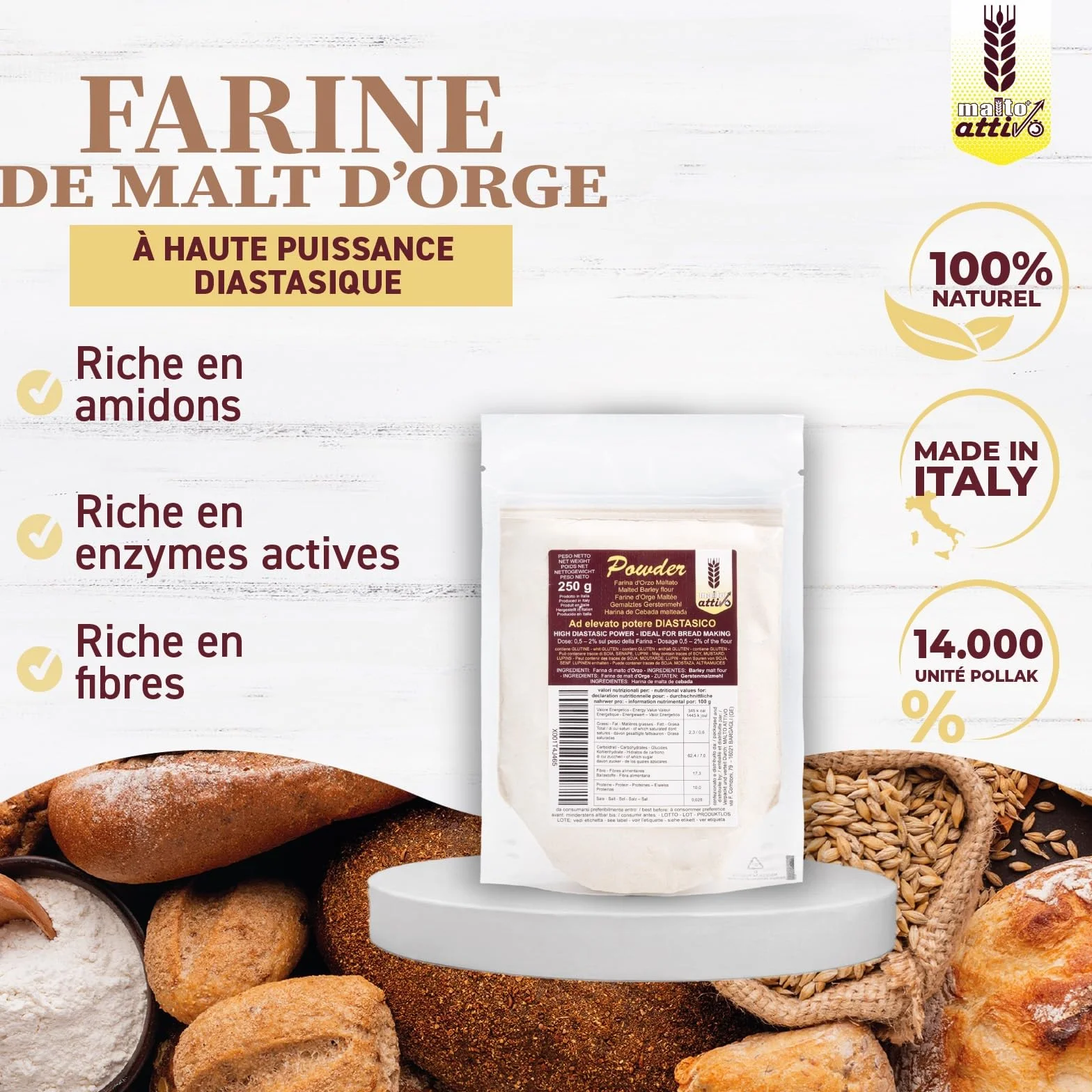 Malto Attivo, Powder 250g, Malt d'Orge à Haut Pouvoir Diastasique, Malt Diastasique Idéal pour la Panification,14.000 Unités Pollak, Made in Italy