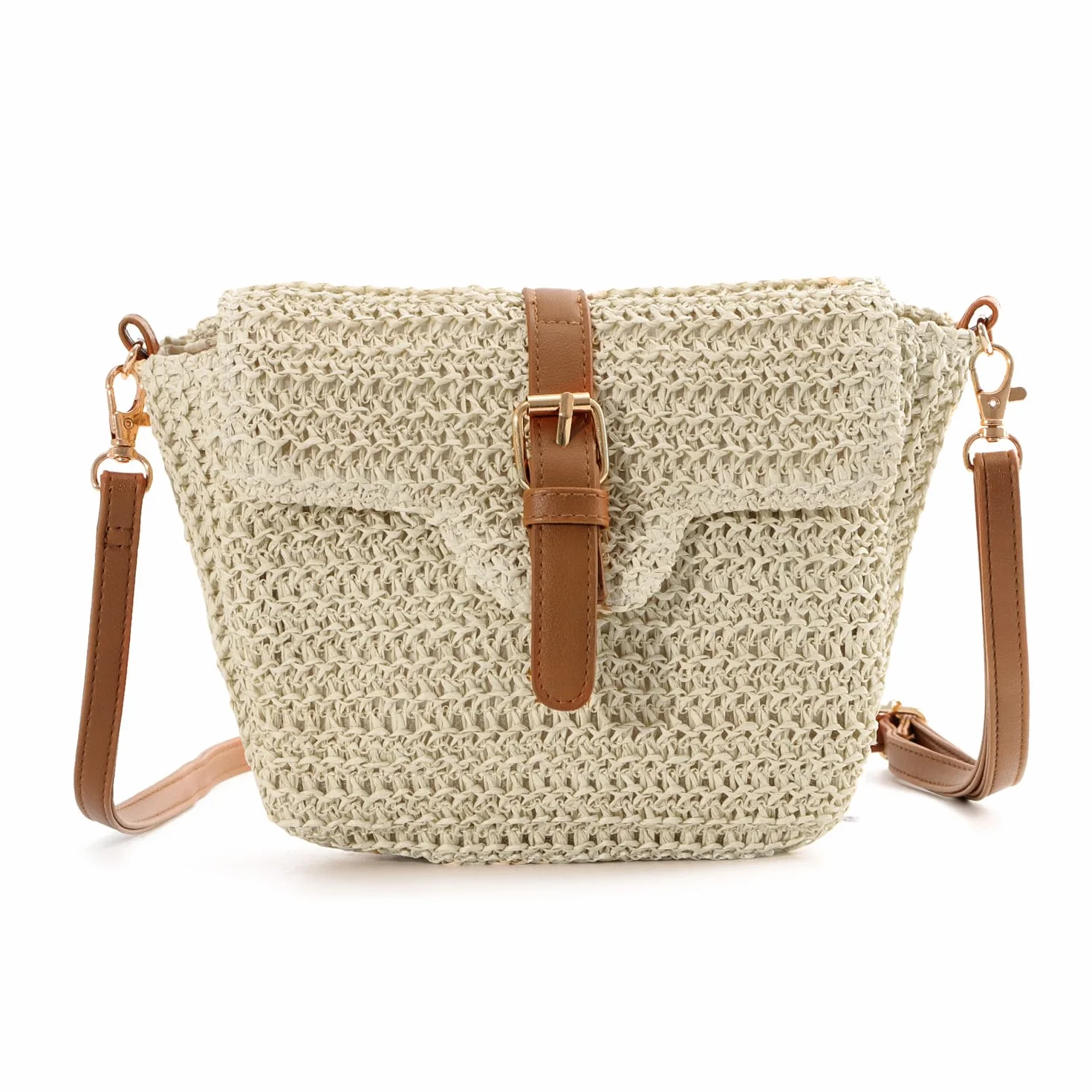 Sac à Bandoulière en Paille Beige pour Femmes - Boucle de Plage Tissé