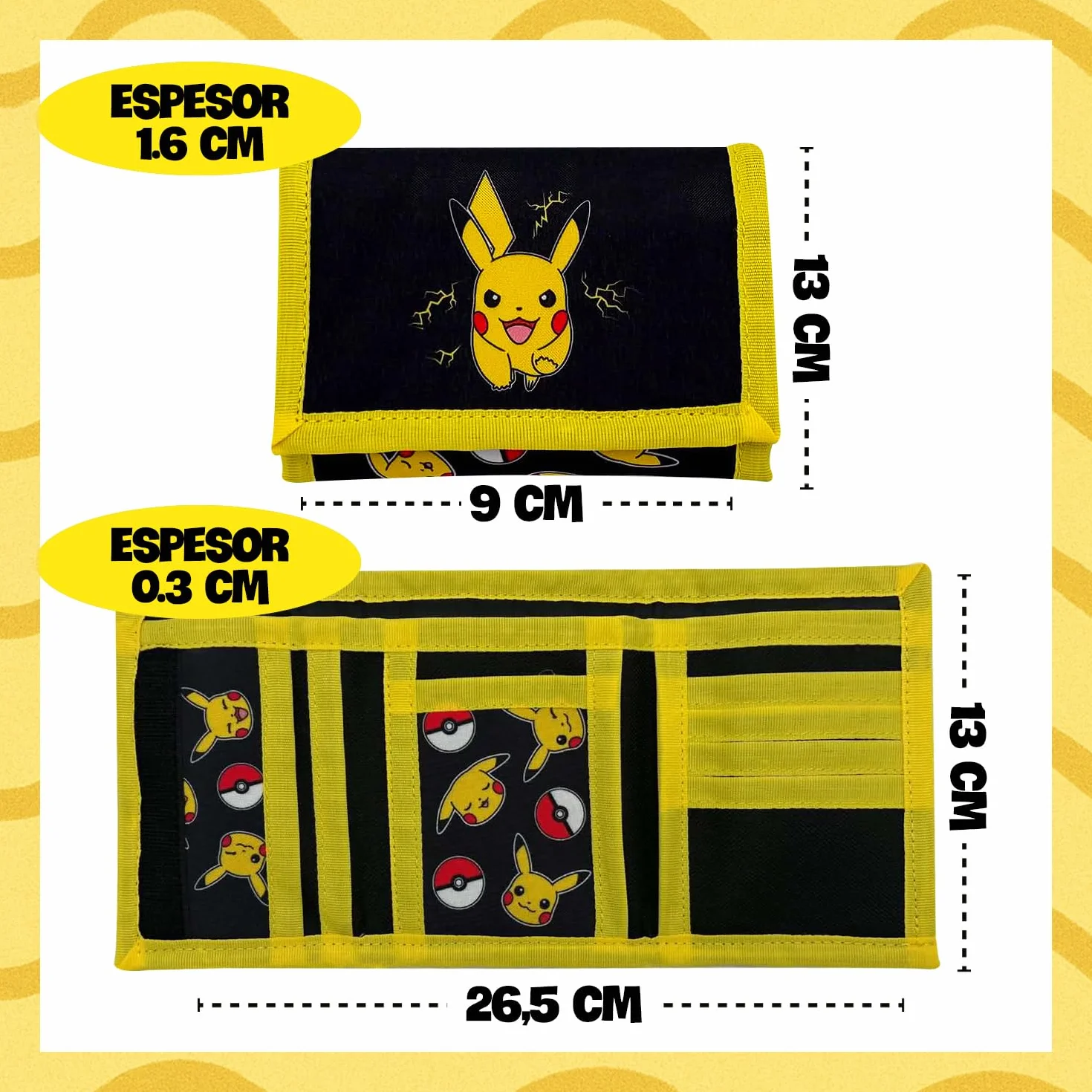 Pokémon Portefeuille Enfant Officiel Pikachu Tri-Fold Noir Jaune 3 Sections Poche Zippée Porte-Cartes 9 x 13 cm Cadeau
