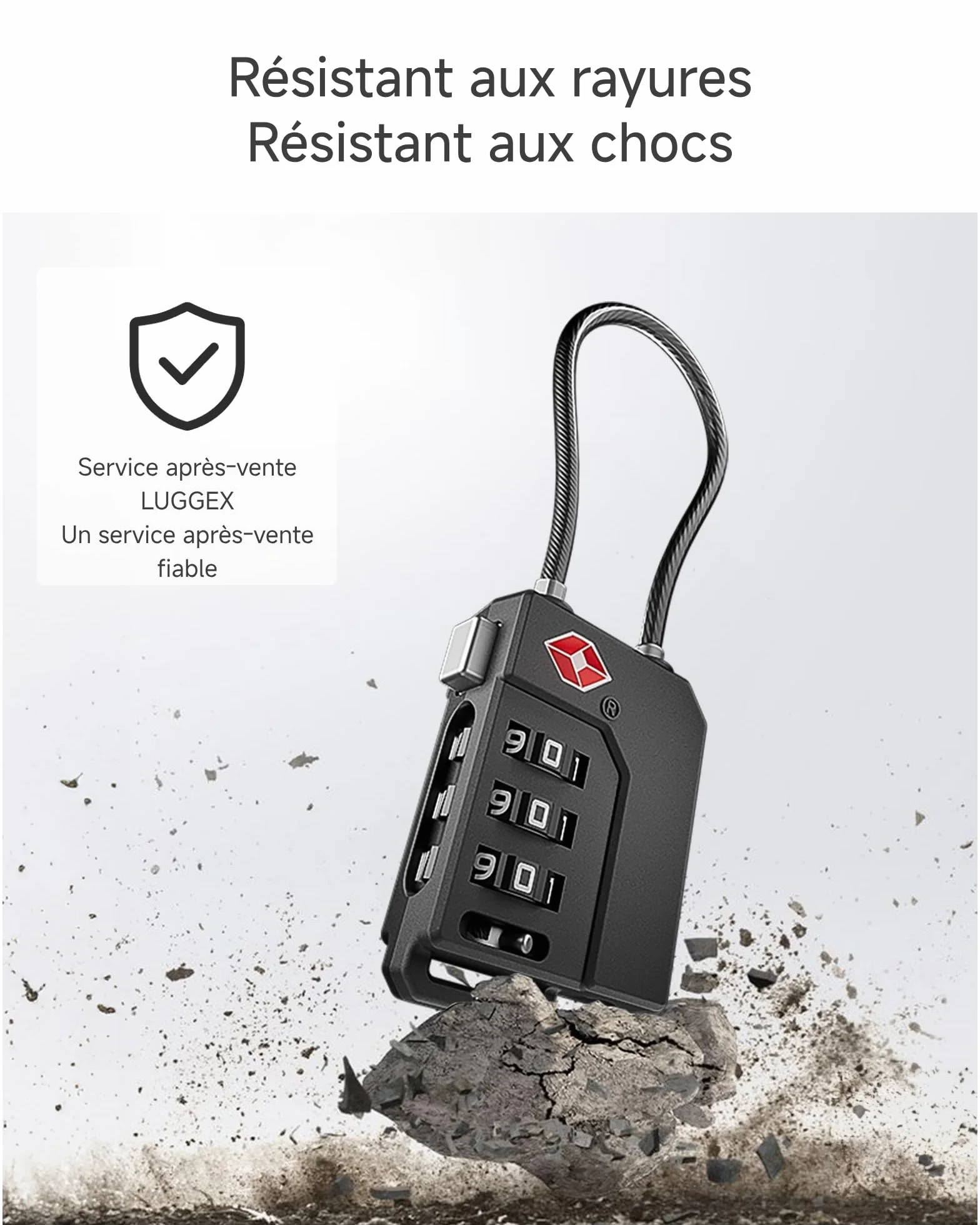 LUGGEX Cadenas Valise TSA Approuvé à Combinaison 3 Chiffres avec Câble Flexible pour Bagages, Noir, 4 pièces