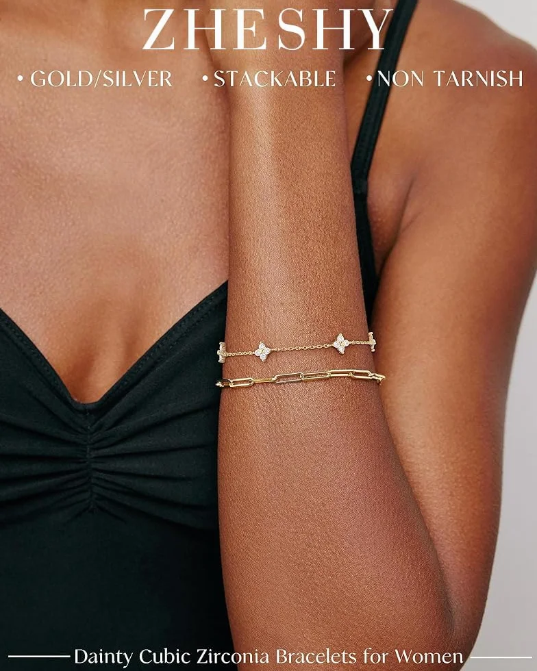 Bracelet Femme Argent 925 Or 14k Plaqué Or Réglable Trèfle 4 Feuilles Croix Chrétienne Coeur Zircon Cubique