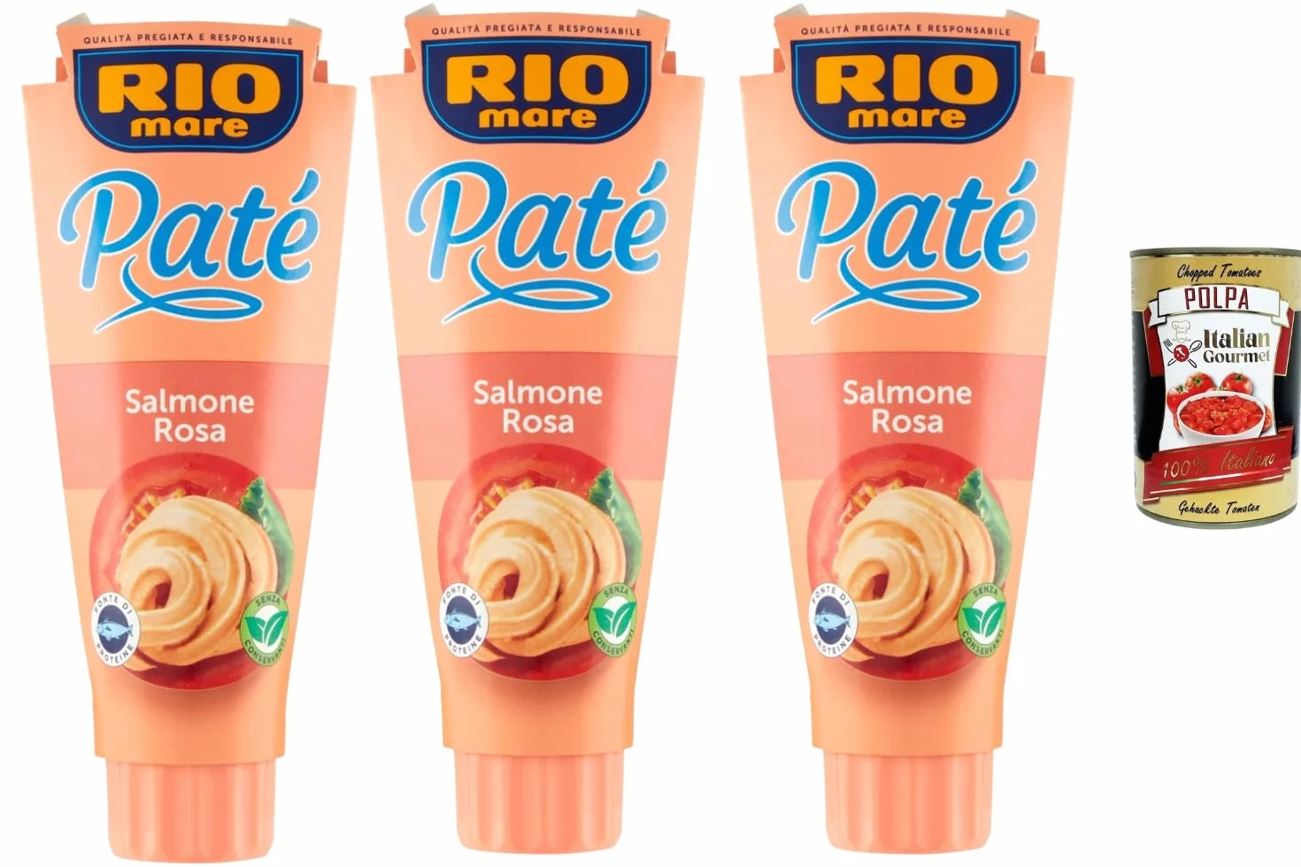 Italian Gourmet Rio Mare Paté de Saumon Rose – Tartinade crémeuse de saumon, idéale pour toasts, canapés, sandwichs & apéritif – Lot 3 x 100 g (300 g) + Italian Gourmet polpa