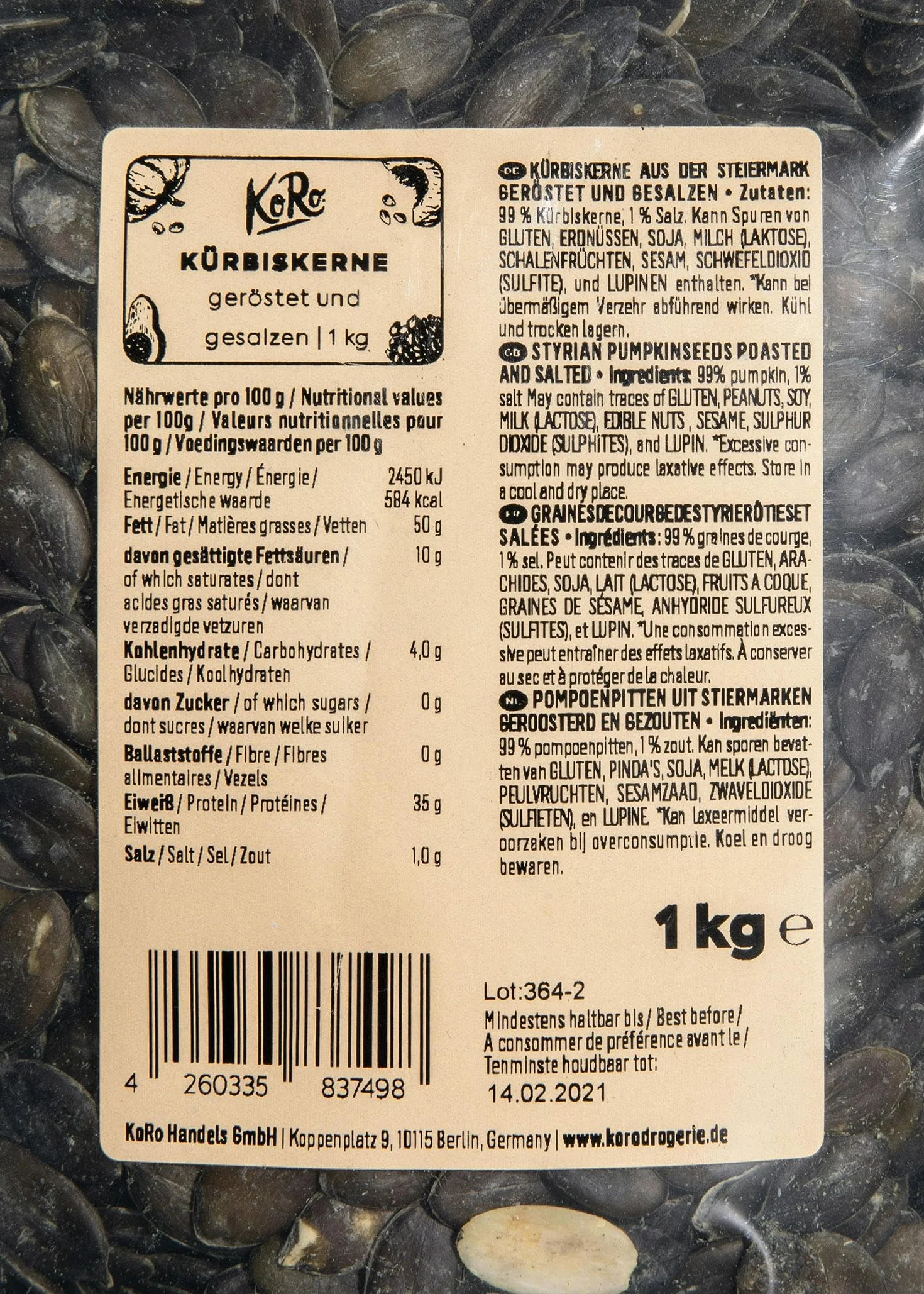 KoRo - Graines de courge de Styrie rôties et salées 1 kg - Graines de Styrie dans un paquet économique parfait comme snack ou sur la salade.