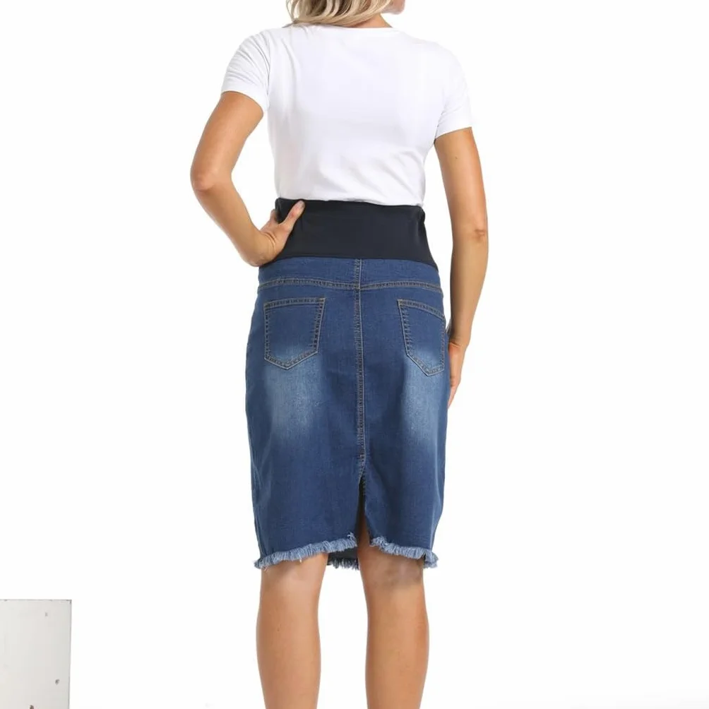 Jupe en Jean Taille Haute Ourlet Brut pour Femmes Enceintes avec Poches