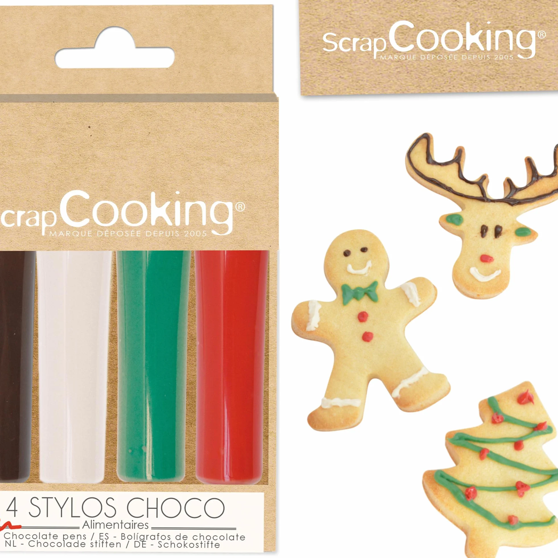 ScrapCooking - 4 Stylos Choco Noël - Marron, Blanc, Vert & Rouge - Crayons Alimentaires Pâtisserie - Colorants Décoratifs Comestibles - Écrire & Dessiner sur Desserts, Gâteaux & Biscuits - 7060