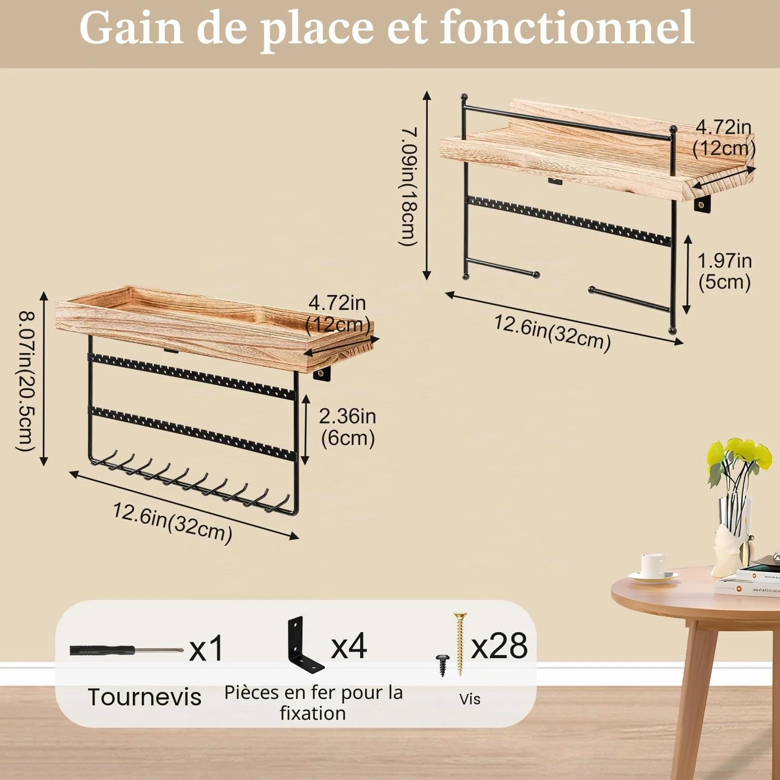 Lolalet Porte Bijoux Mural Lot de 2, Organisateur Suspendu en Bois Naturel - Noir