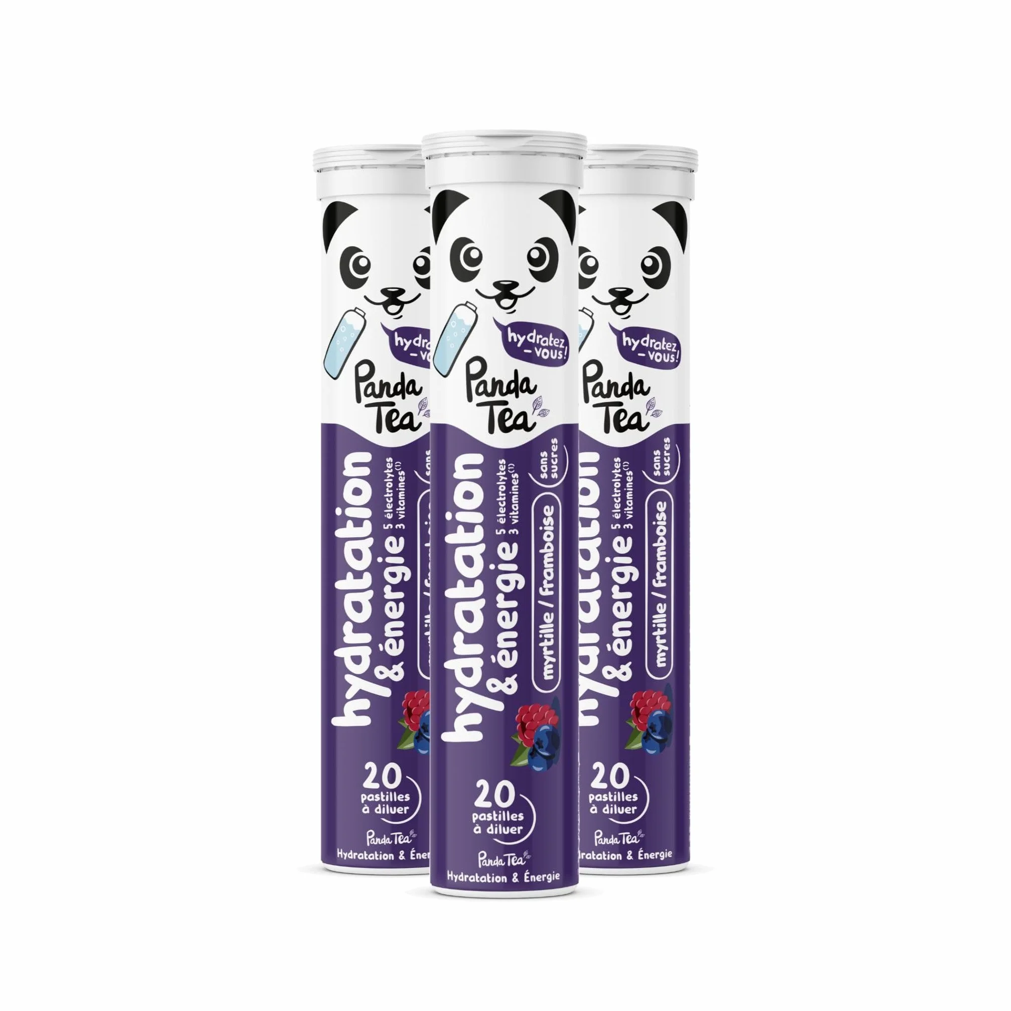 Panda Tea - Pastilles Hydratation & Énergie - Myrtille-Framboise - 3x20 Pastilles sans sucre - Electrolyte Ultra Hydratation - Idéale pour le Sport et le Quotidien
