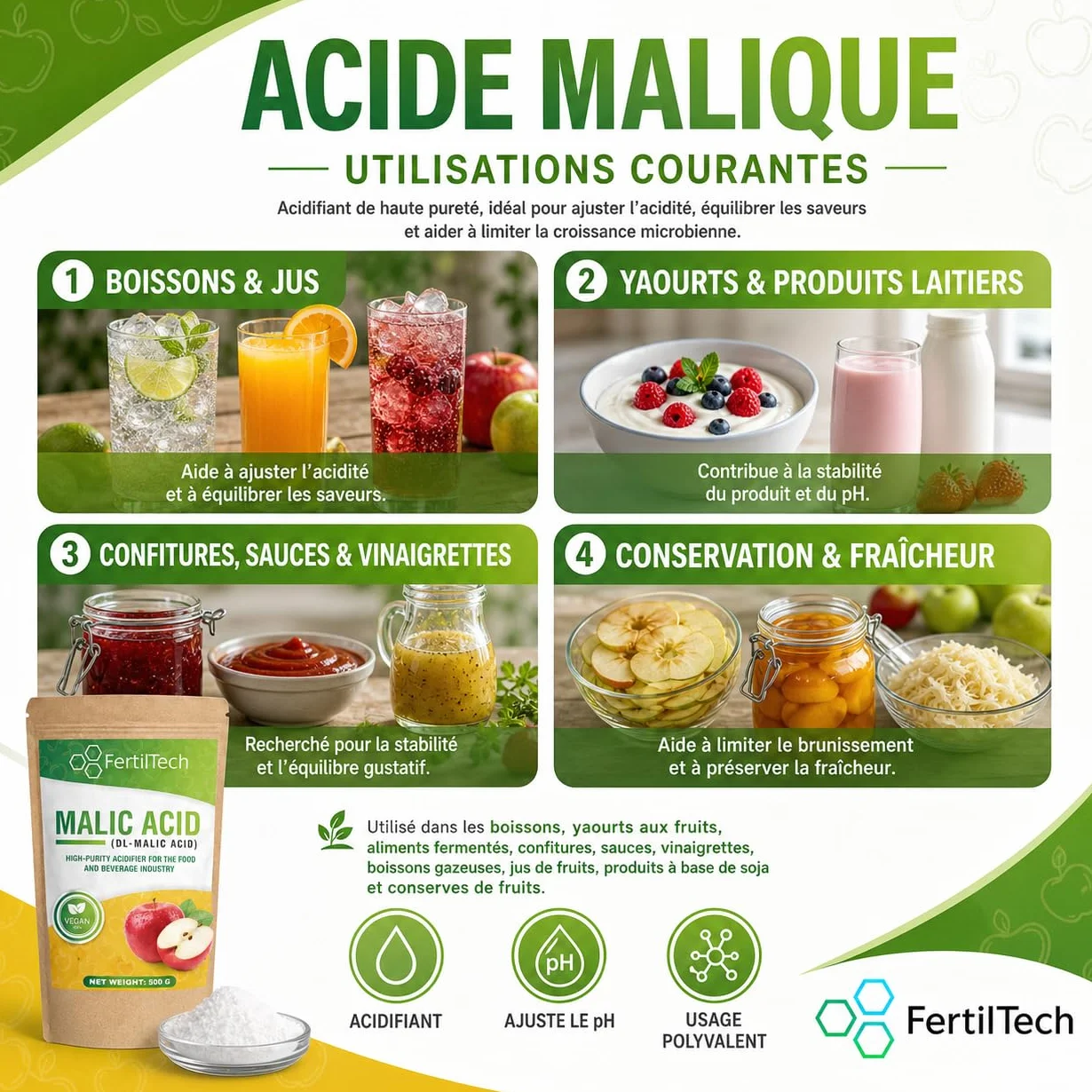 FertilTech Acide Malique Alimentaire 750 g Acidifiant Naturel Qualité Alimentaire Pour Boissons Confiseries et Pâtisseries Goût Acidulé Fruité Convient aux Recettes Maison Formule Vegan