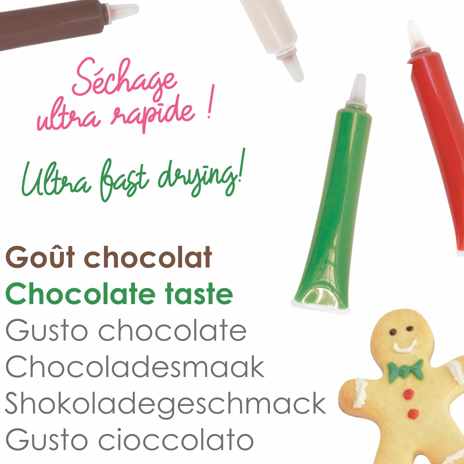 ScrapCooking - 4 Stylos Choco Noël - Marron, Blanc, Vert & Rouge - Crayons Alimentaires Pâtisserie - Colorants Décoratifs Comestibles - Écrire & Dessiner sur Desserts, Gâteaux & Biscuits - 7060