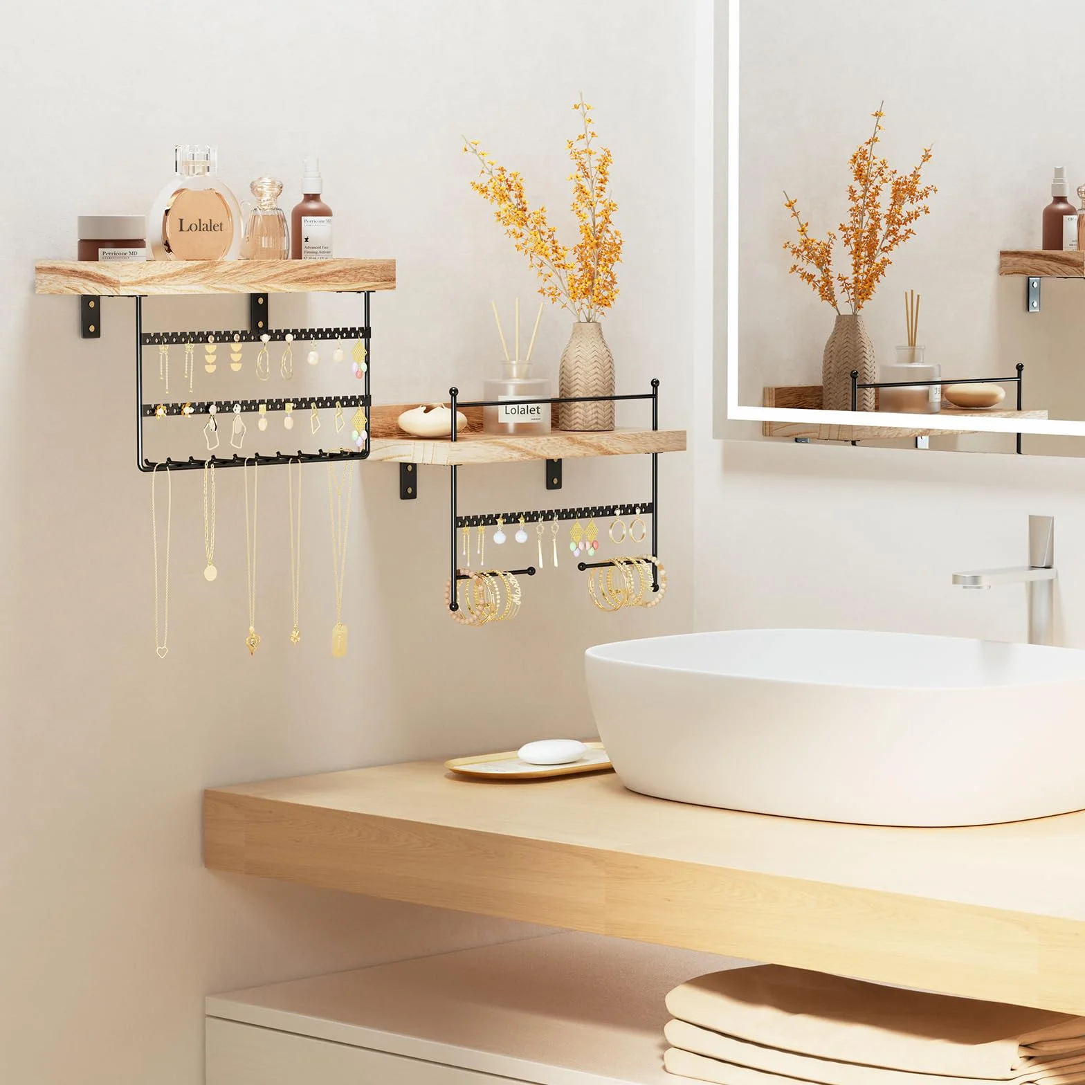 Lolalet Porte Bijoux Mural Lot de 2, Organisateur Suspendu en Bois Naturel - Noir