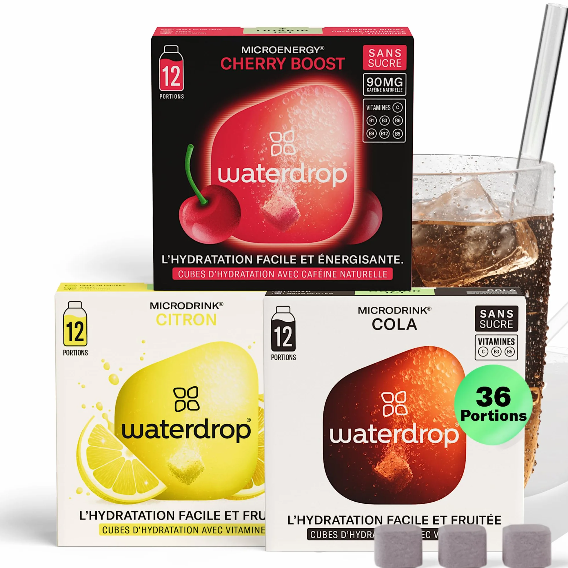waterdrop® Microdrink Coffret Boissons Gazeuses - Cola, Cerise & Citron, 36 Boissons en Cubes Effervescentes en 3 Saveurs, Enrichi en Vitamines, Boisson Sans Sucre, Eau Aromatisée en Pastille