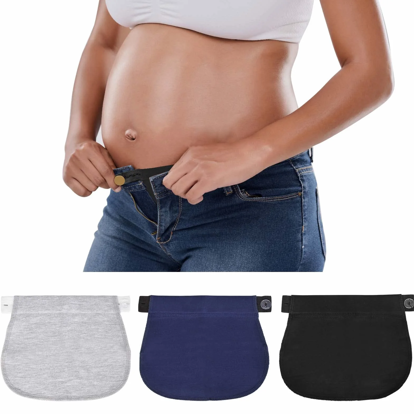Extenseur Pantalon Ajustables pour Femmes Enceintes, Extensions de Bouton Pantalon Maternité, Extension de Ceinture Réglable, Bleu foncé+Noir+Gris