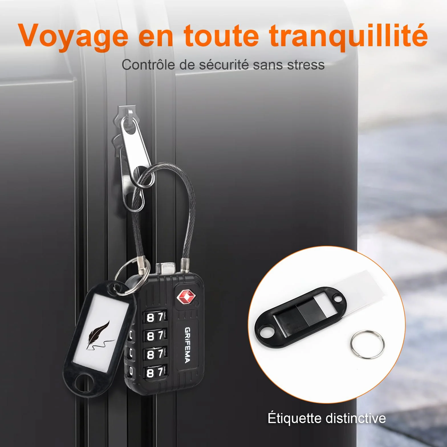 GRIFEMA GA1008 Cadenas à Combinaison 4 Chiffres Homologué TSA pour Bagages Noir
