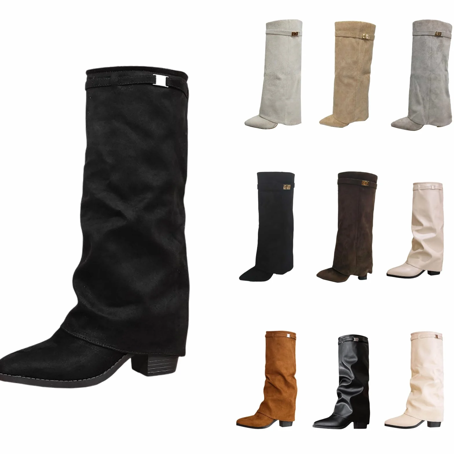 Shark Bottes pour Femme en Cuir Noir - Talon Plateforme Longue Tige Bout Pointu