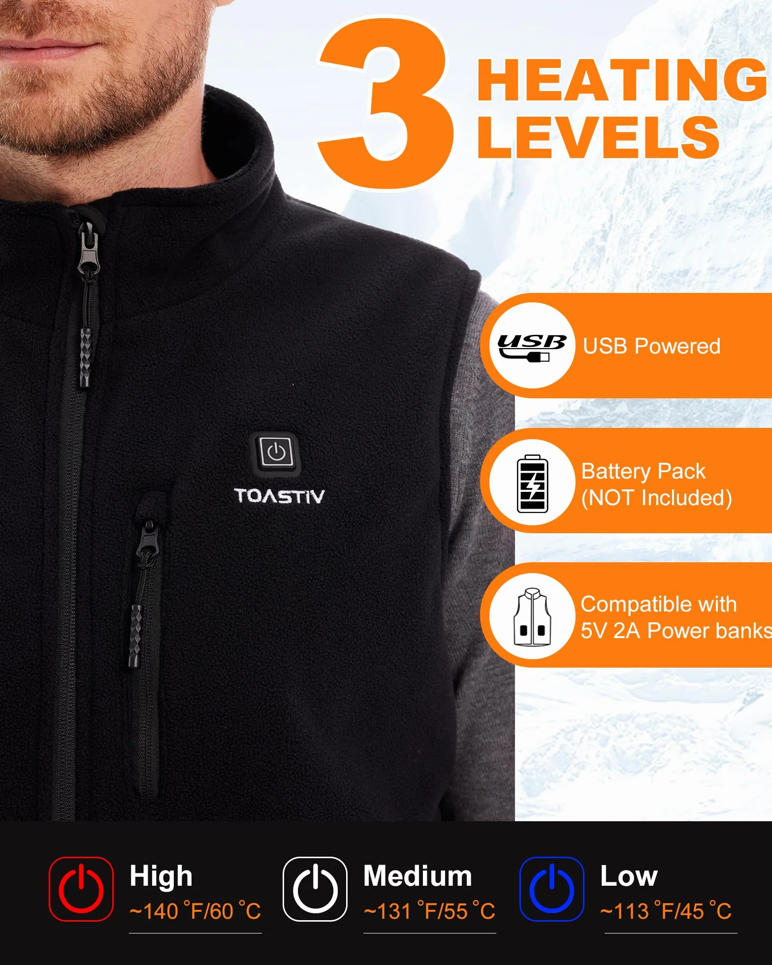 Gilet Chauffant Homme Veste Polaire Électrique 3 Températures 6 Zones Chauffage USB Plein Air