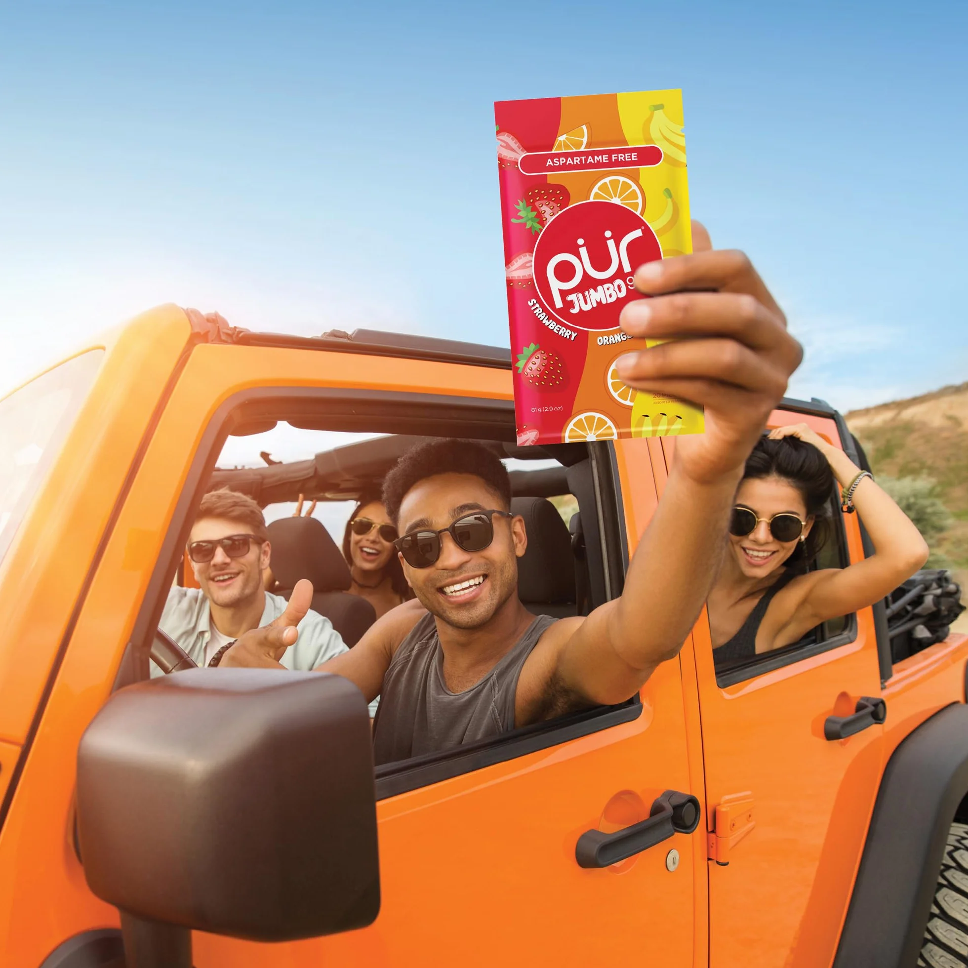 PUR Jumbo Gum Sans Aspartame Au Xylitol Arôme Naturel Fraise Banane Orange 20 Pièces Lot de 3