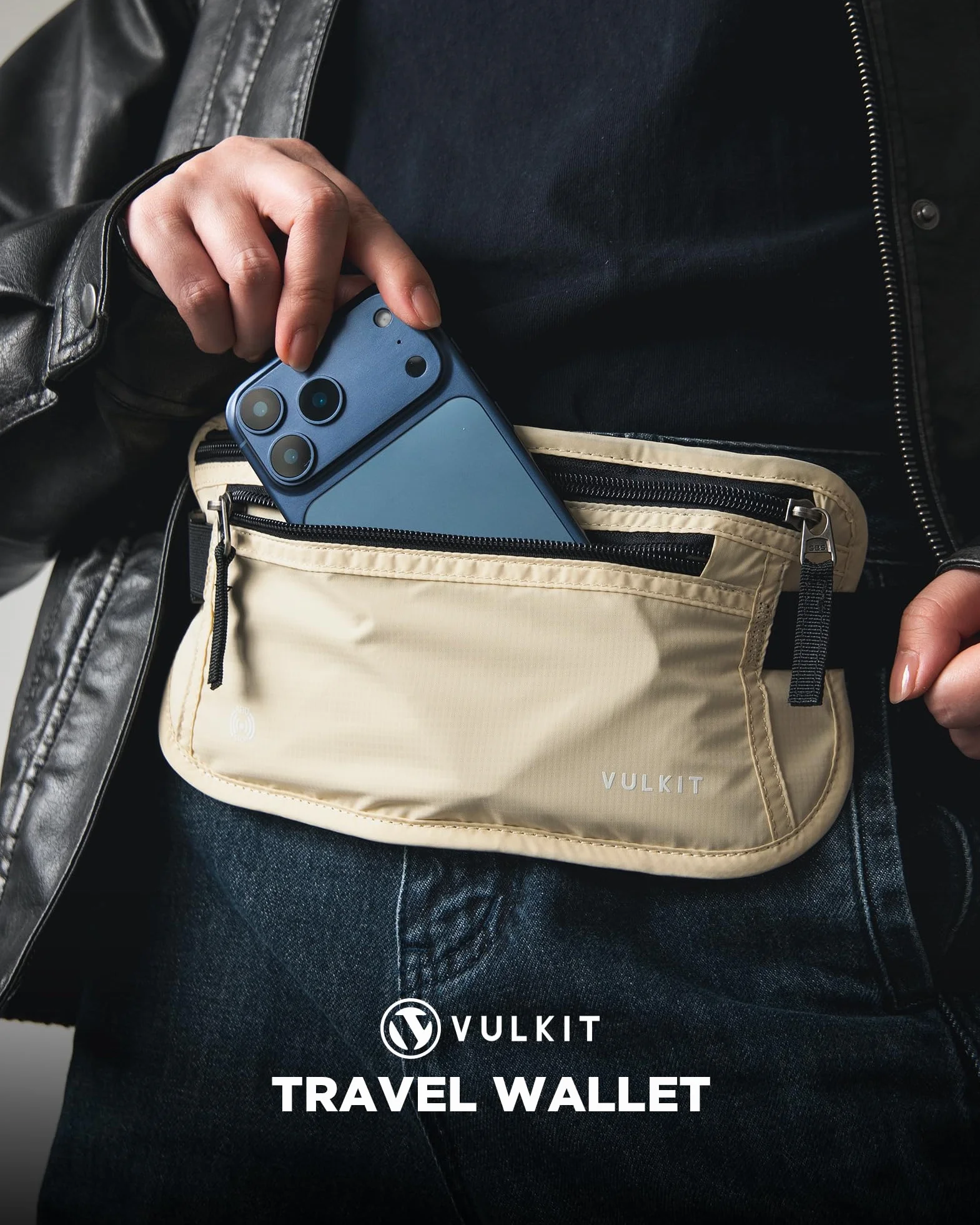 VULKIT Banane de Voyage Anti-Vol RFID Blocage Pochette Passeport Blanc Crème
