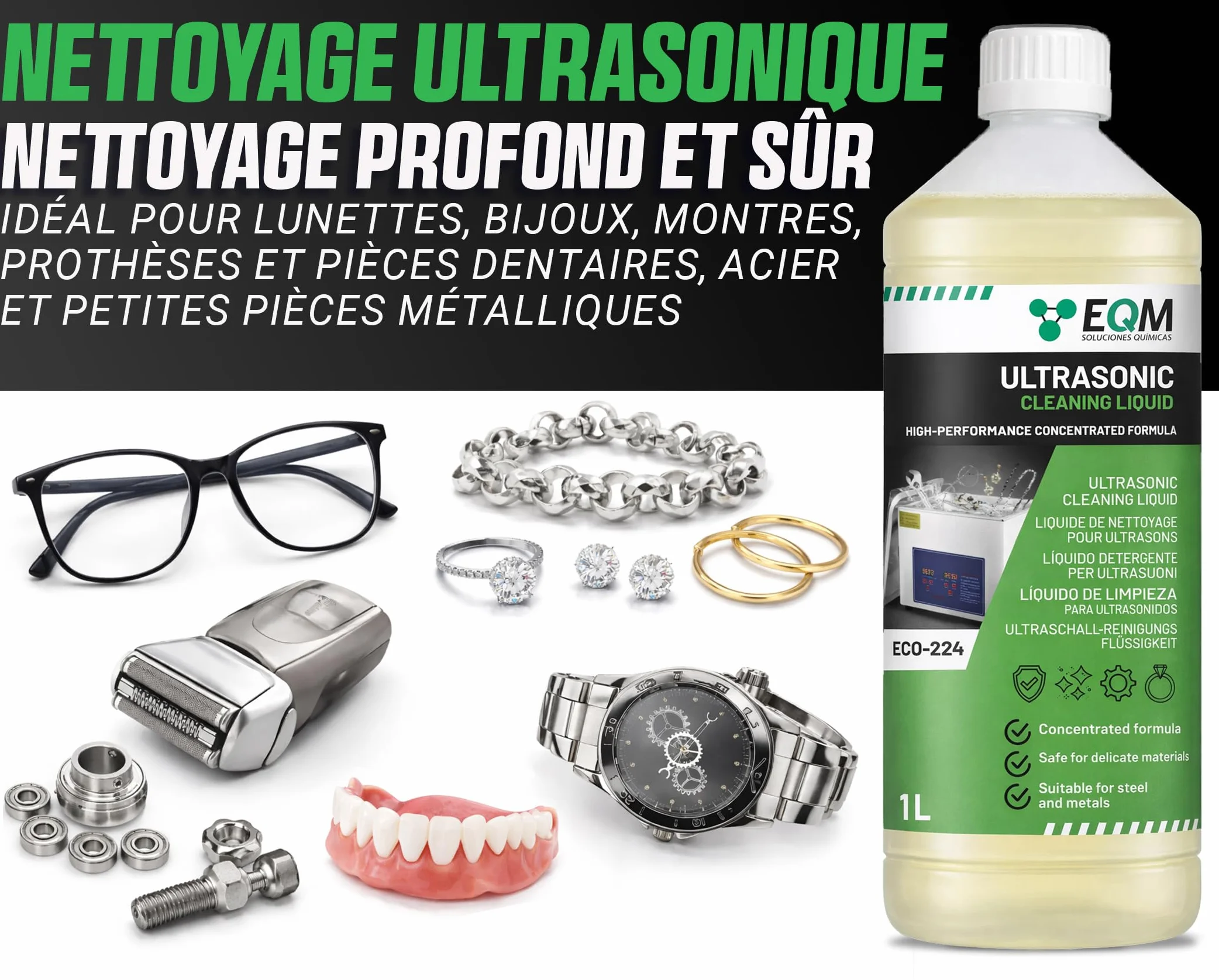 EQM Liquide Nettoyant Concentré Ultrasons Métaux Acier Bijoux Lunettes Argent Prothèses Dentaires