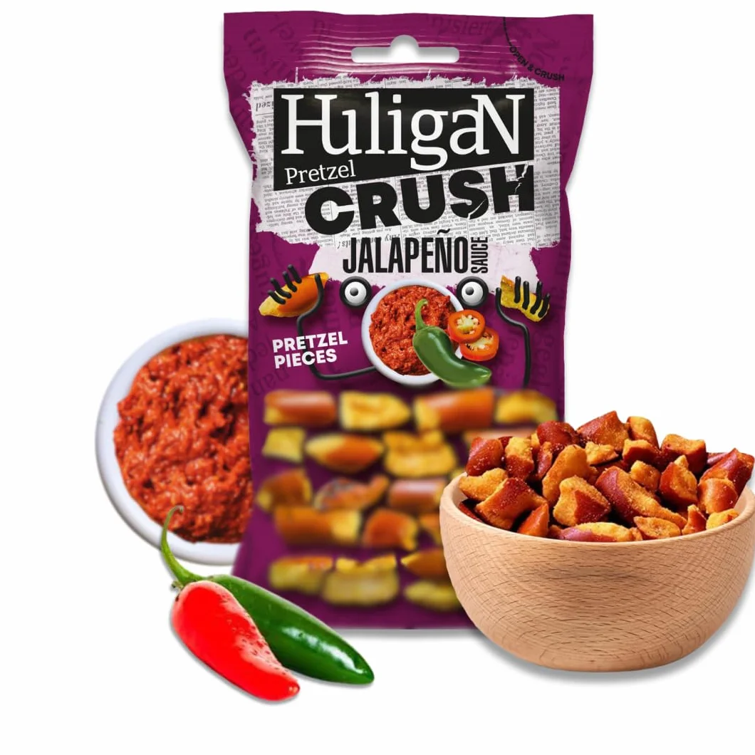 Huligan Jalapeno Bretzels Crush (lot de 18 x 65 g) – Boîtes à goûter végétariennes saines au four (lot de 18)