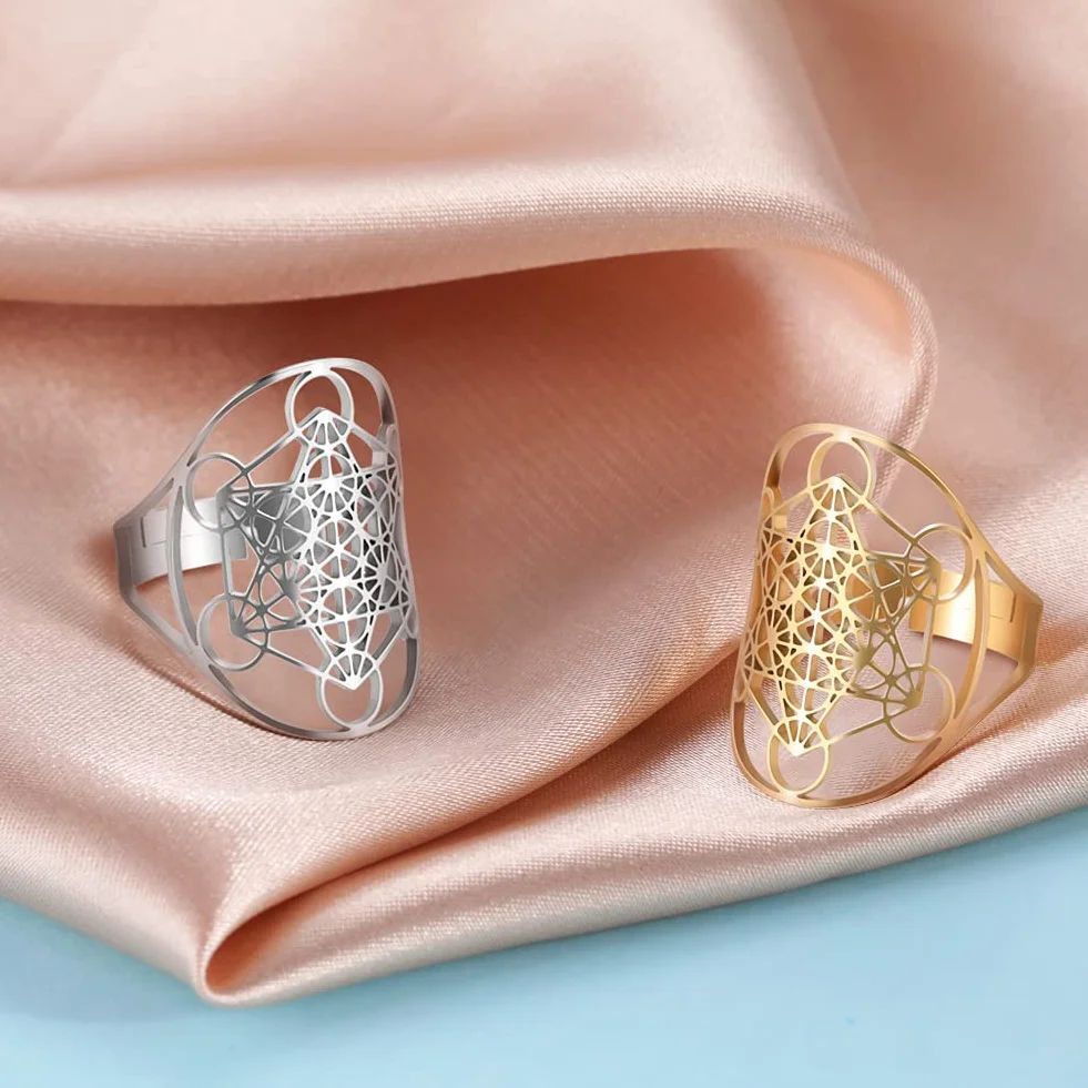 Amaxer Acier Inoxydable Metatrons Cube Anneau pour Femmes Archange Metatron Protection Évidé